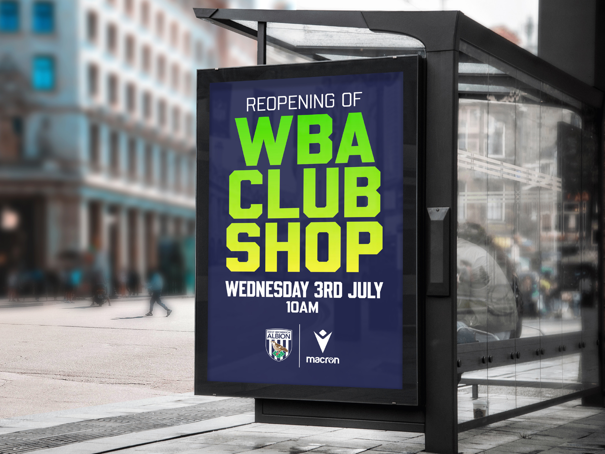 A graphic which states the reopening date and time of the WBA club shop 