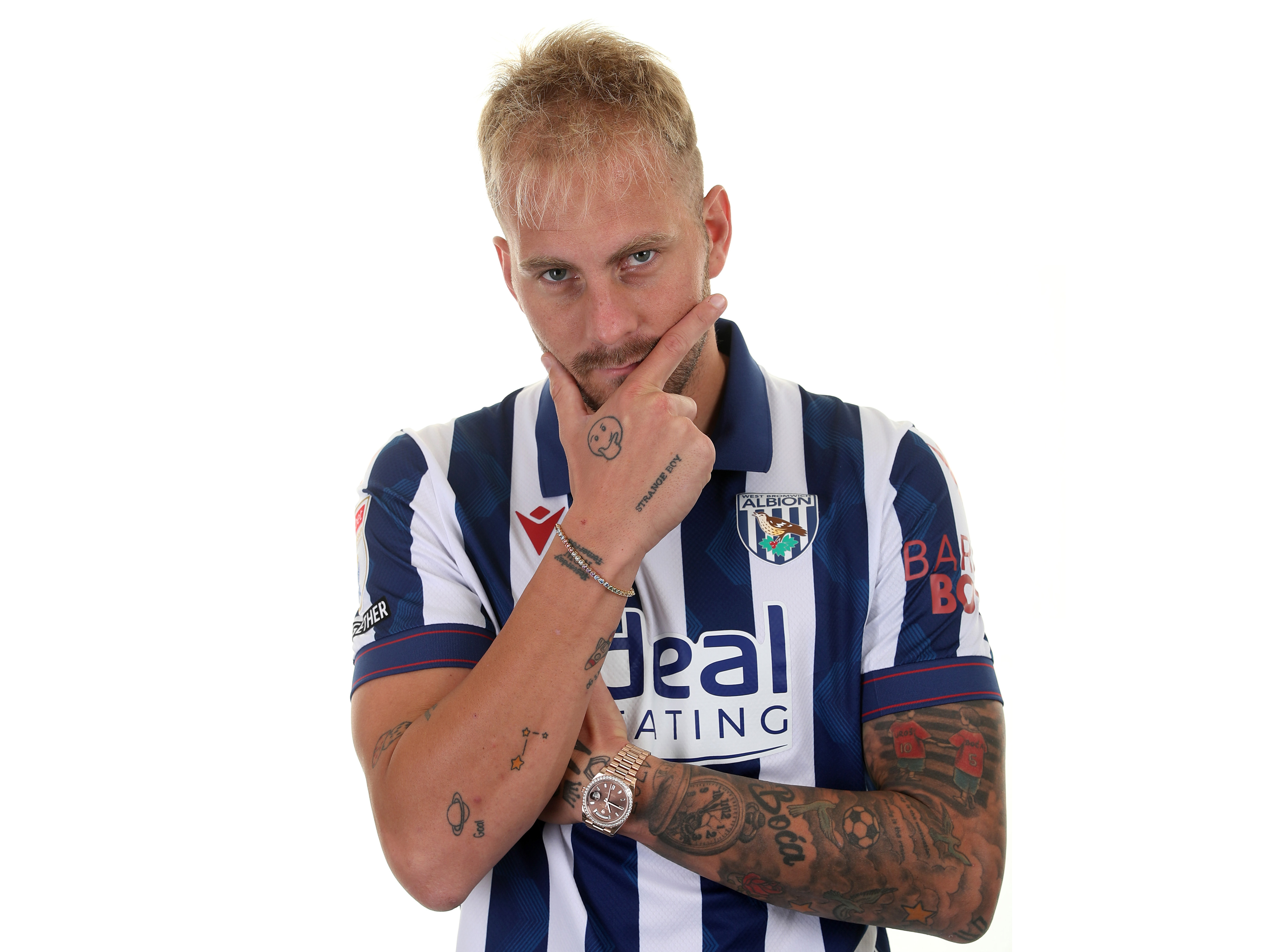 Uroš Račić posing with his hand over his mouth while wearing the home shirt 