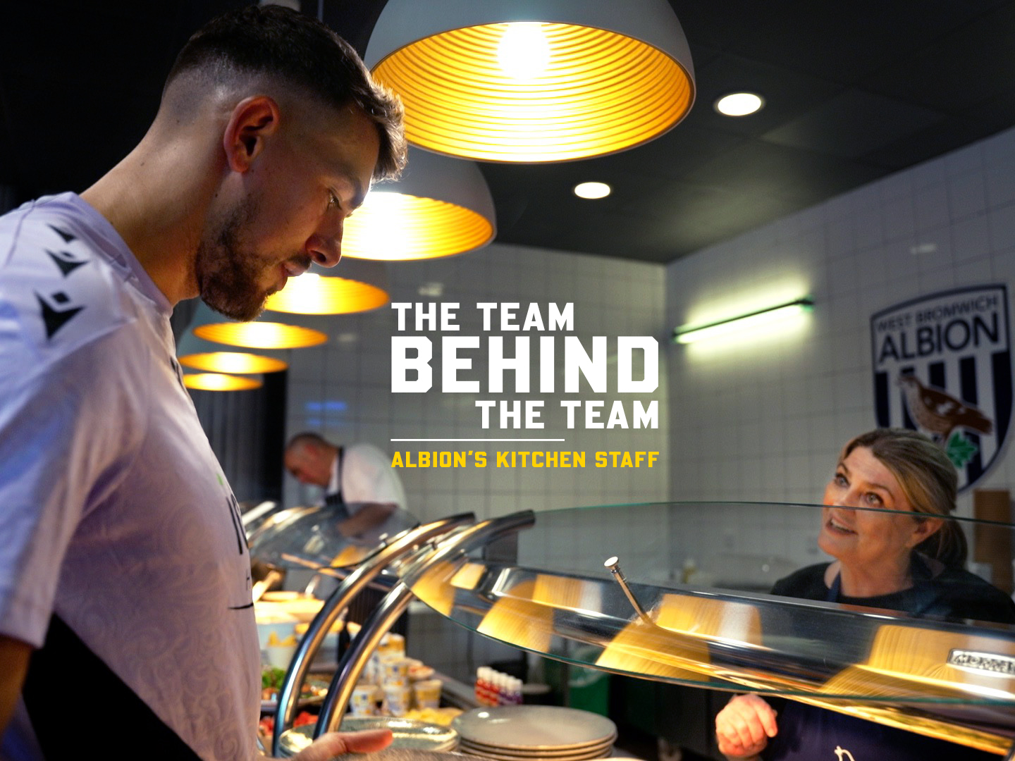 A graphic which shows Alex Palmer getting his lunch with the words 'The team behind the team | Albion's kitchen staff' written on it 