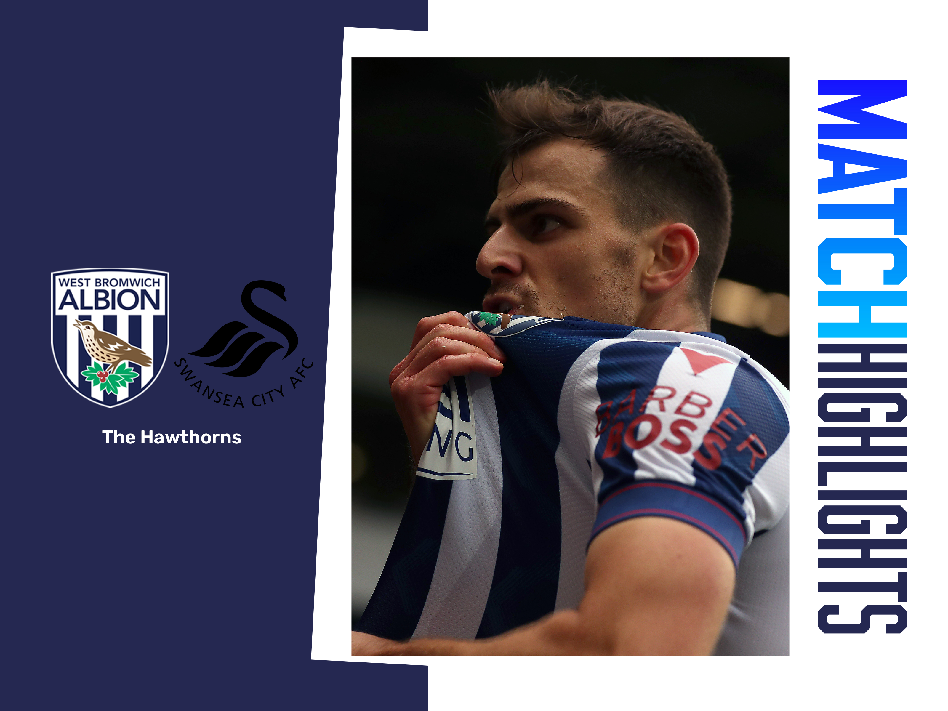 A 2024/25 match highlights graphic, showing the crests of Albion and Swansea, with a picture of Jayson Molumby celebrating his goal