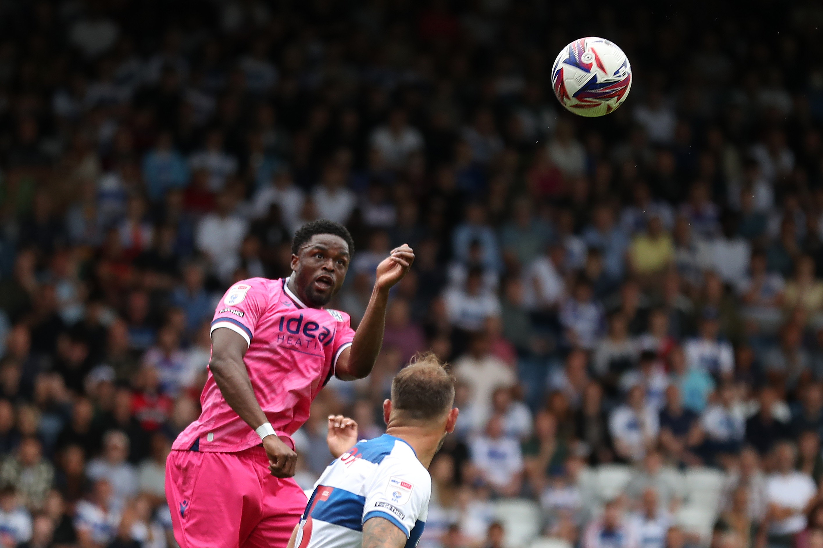 Josh Maja scoring a header at QPR 