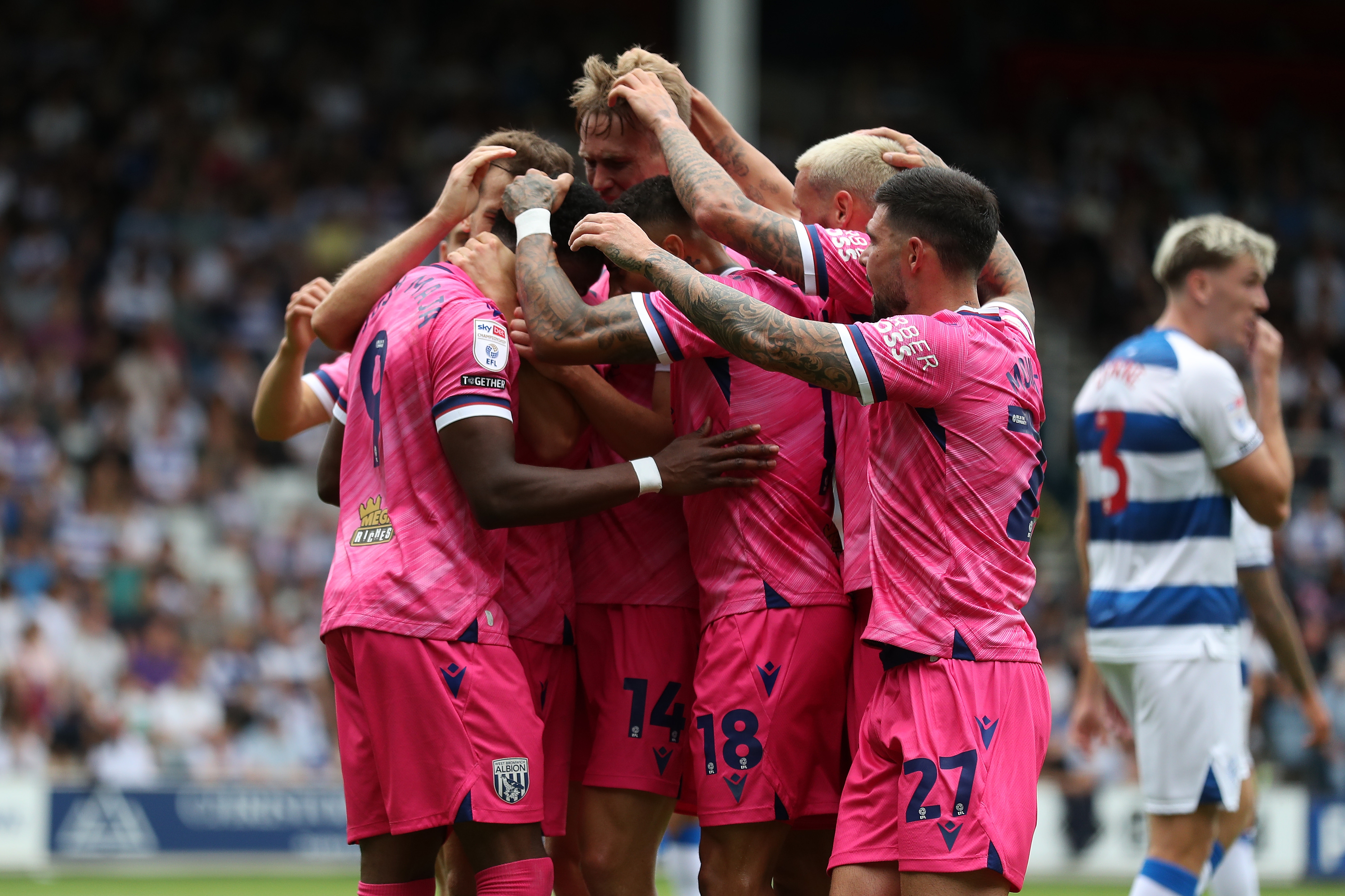 Josh Maja celebrates scoring his first goal at QPR with team-mates