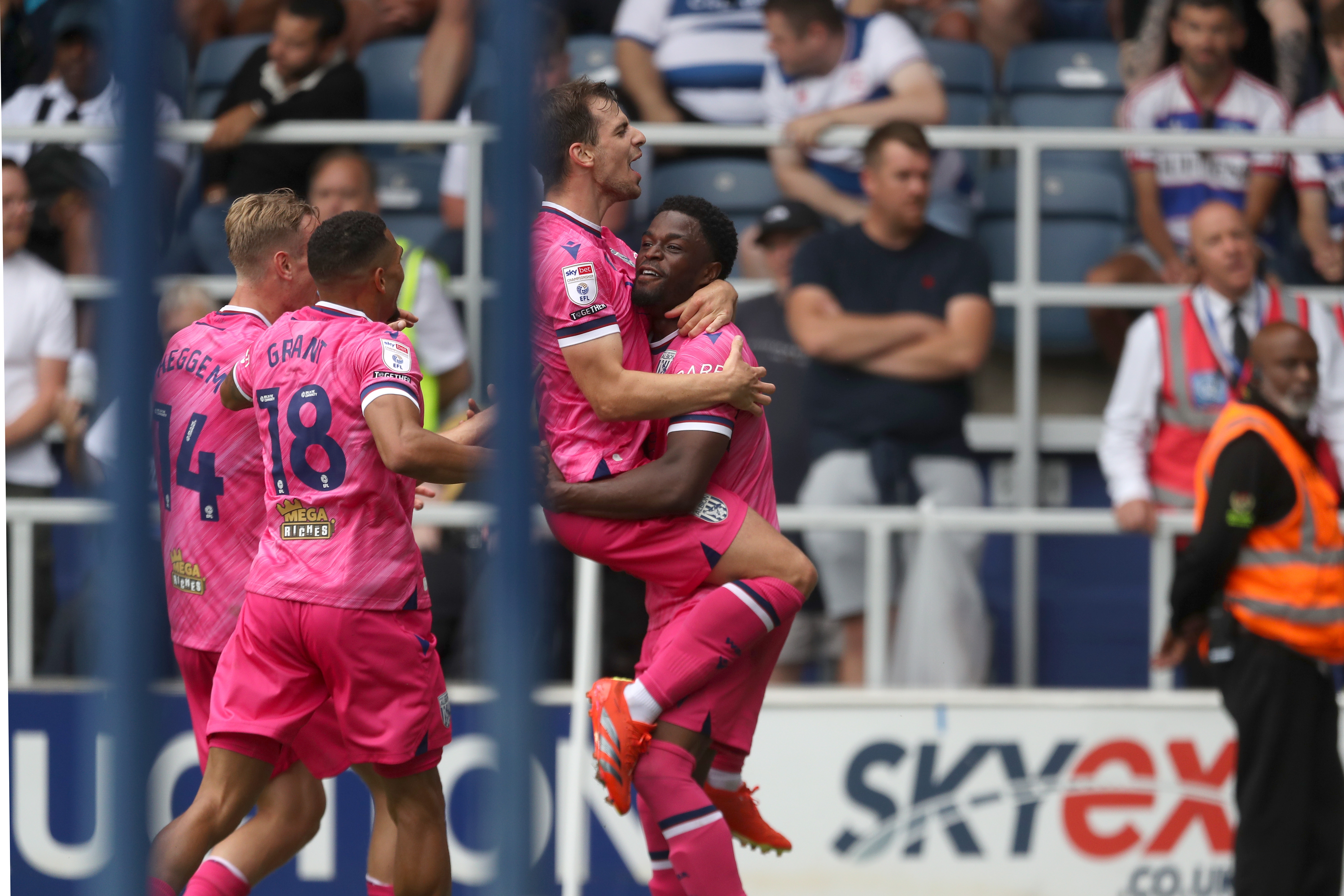 Josh Maja celebrates scoring his third goal against QPR with team-mates 