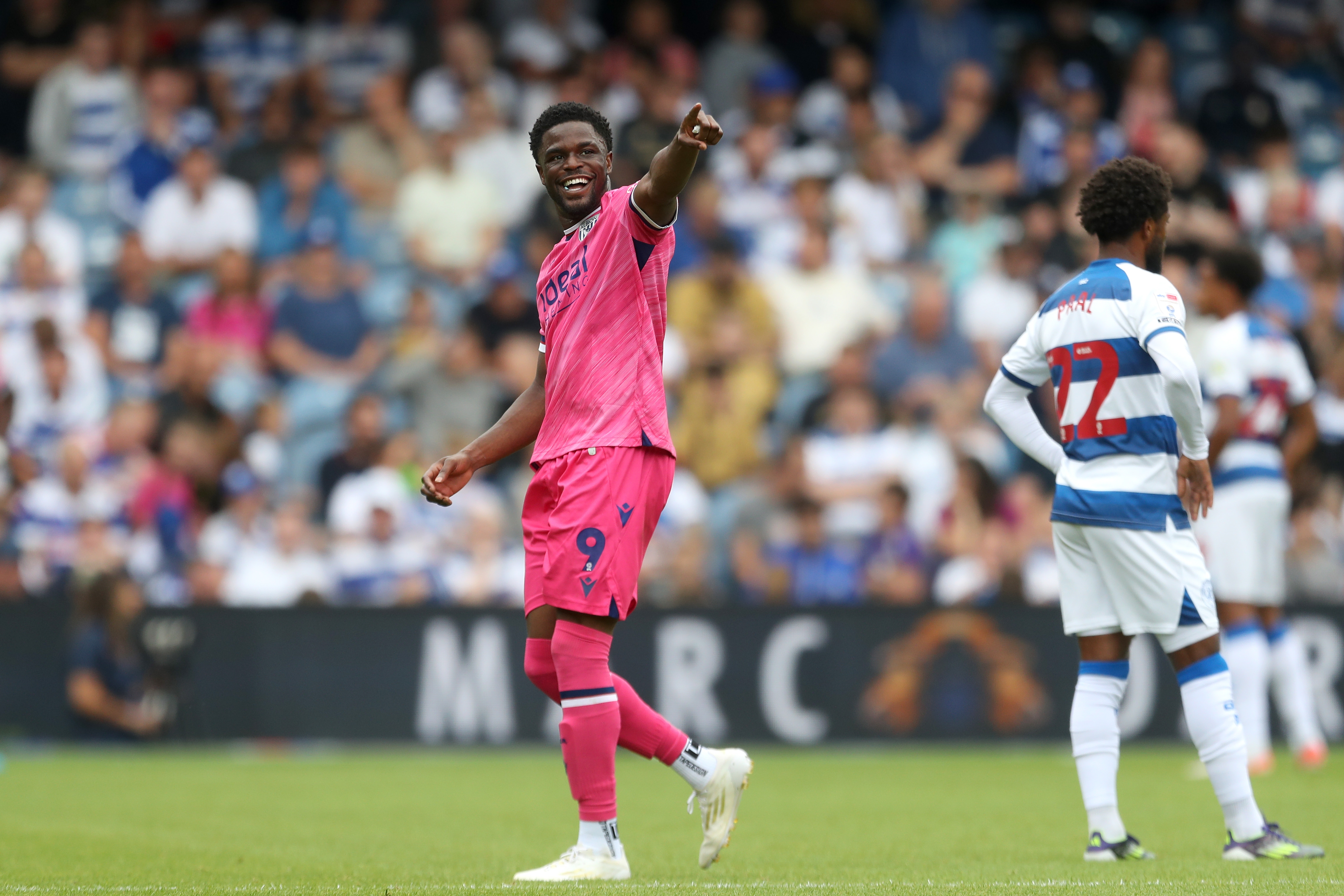 Josh Maja celebrates scoring his third goal against QPR