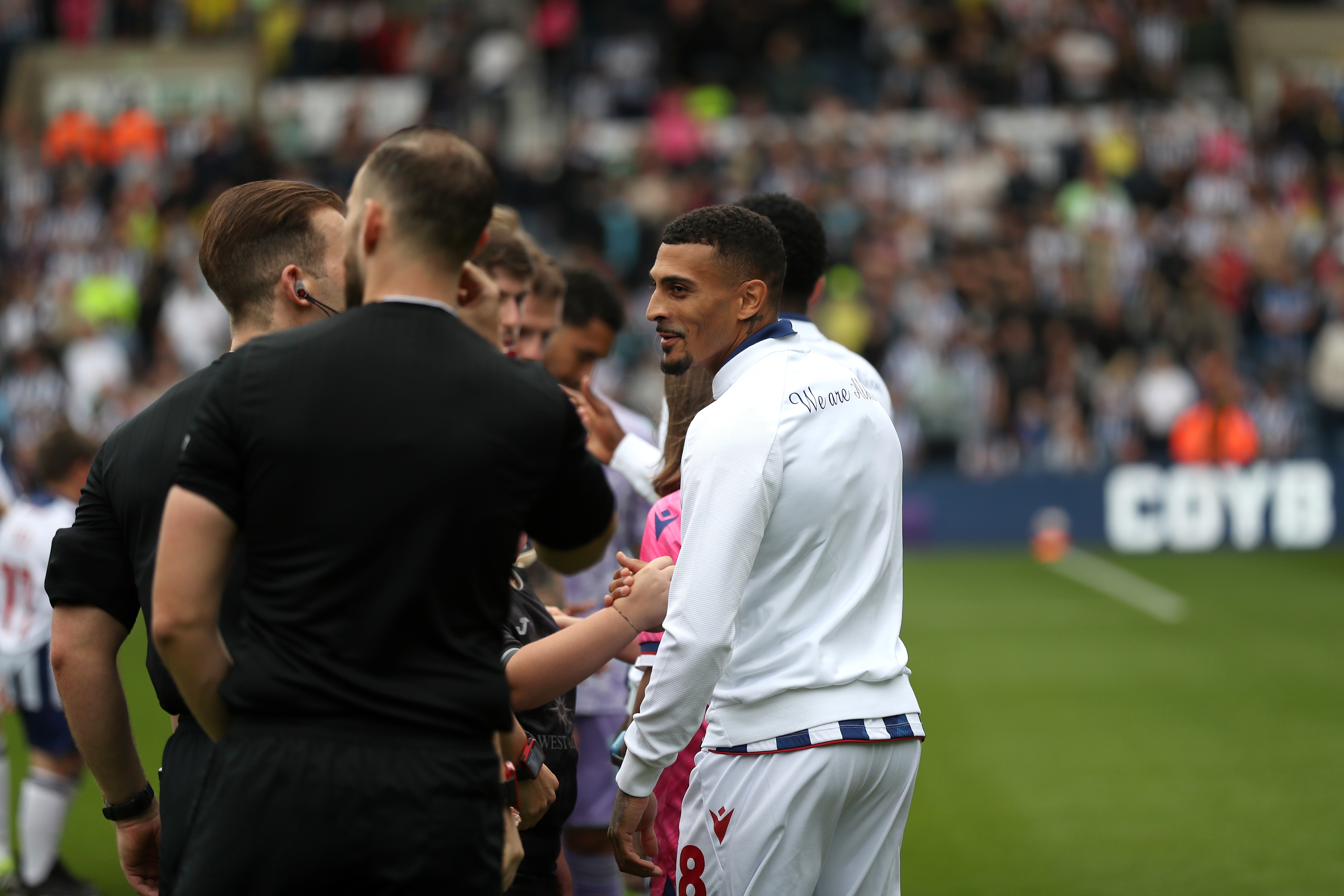 Karlan Grant lining up for Albion before kick-off against Swansea City at The Hawthorns 