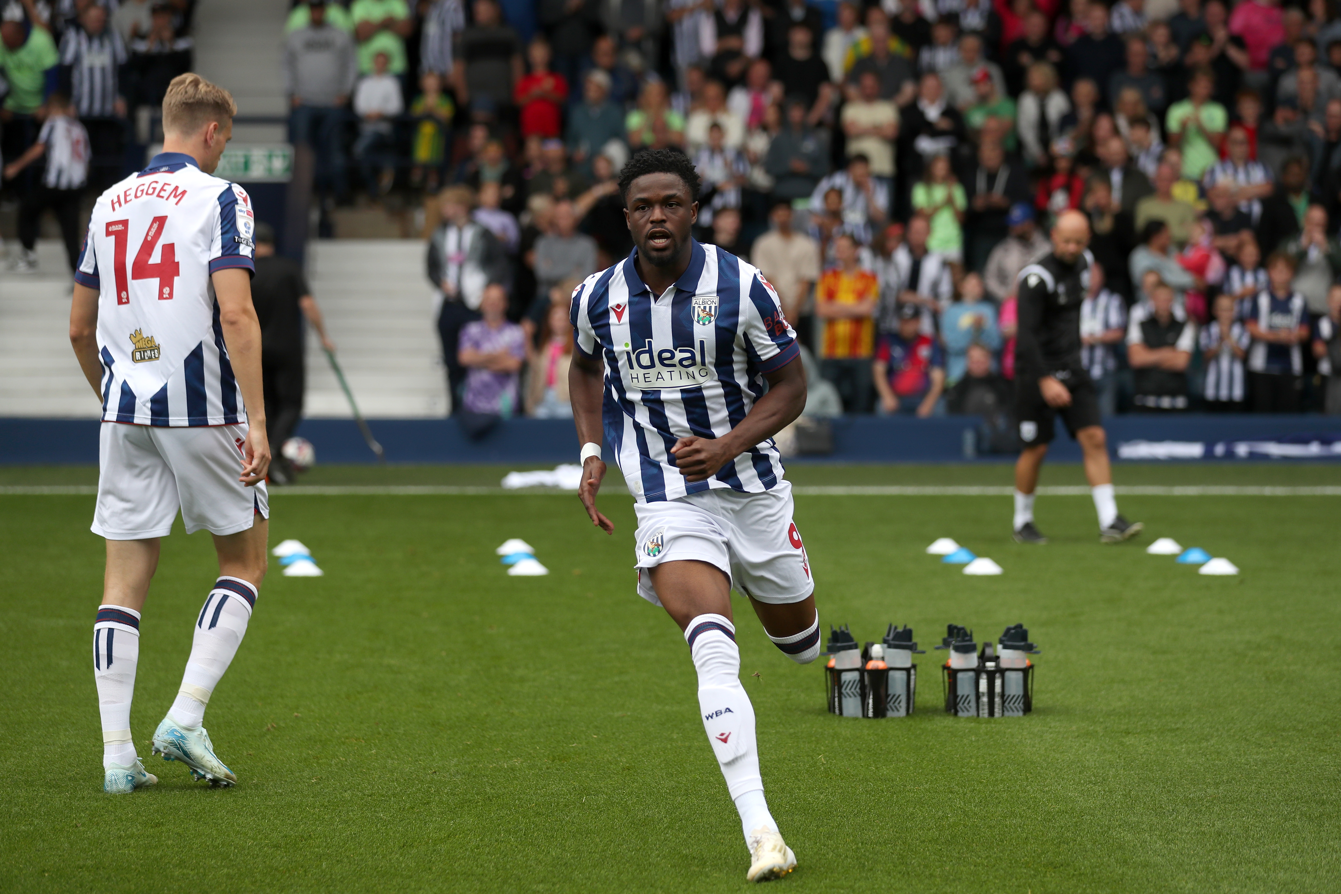 Josh Maja warming up before the game against Swansea at The Hawthorns 