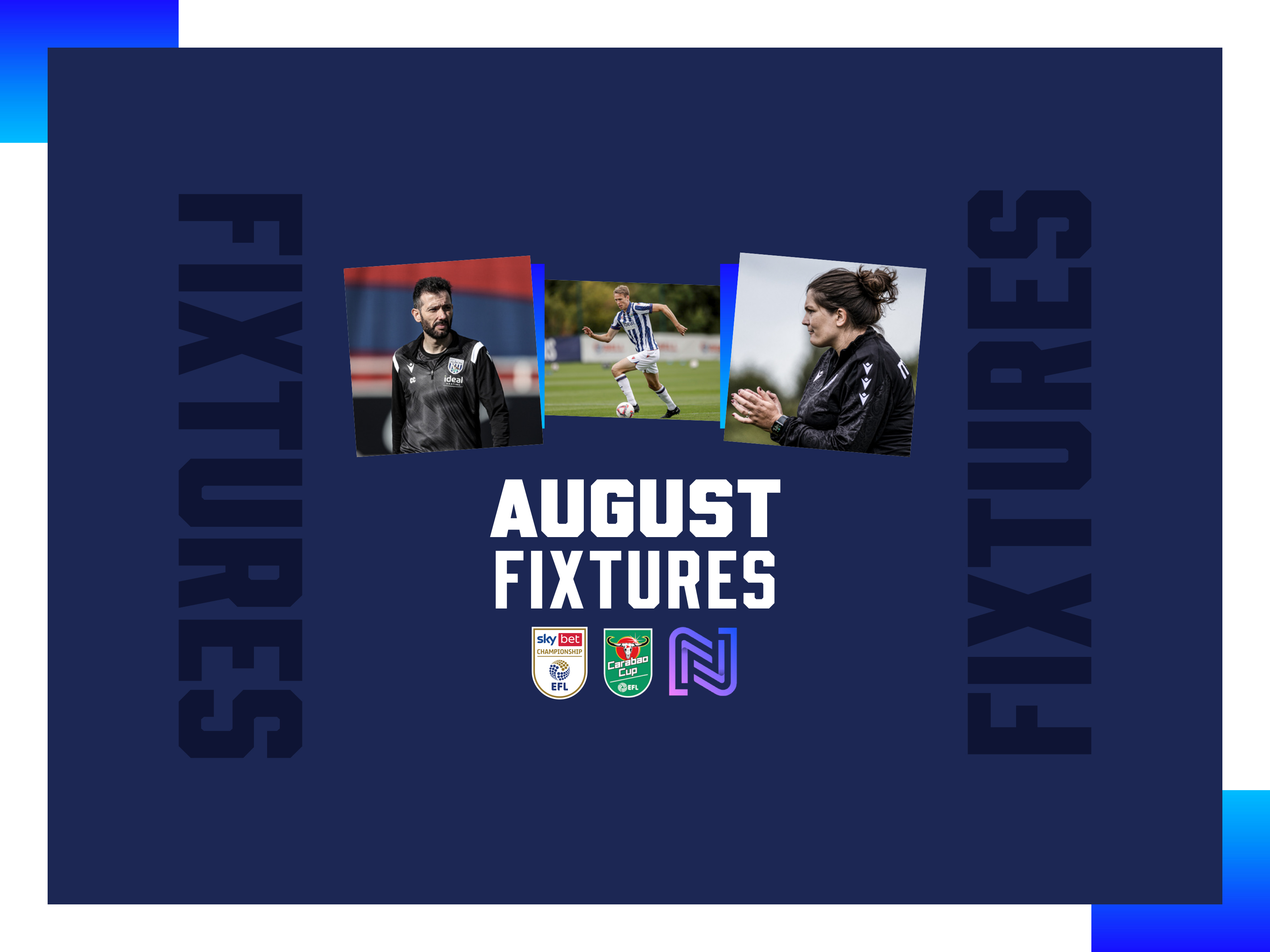 An graphic with three Albion images on saying August fixtures 