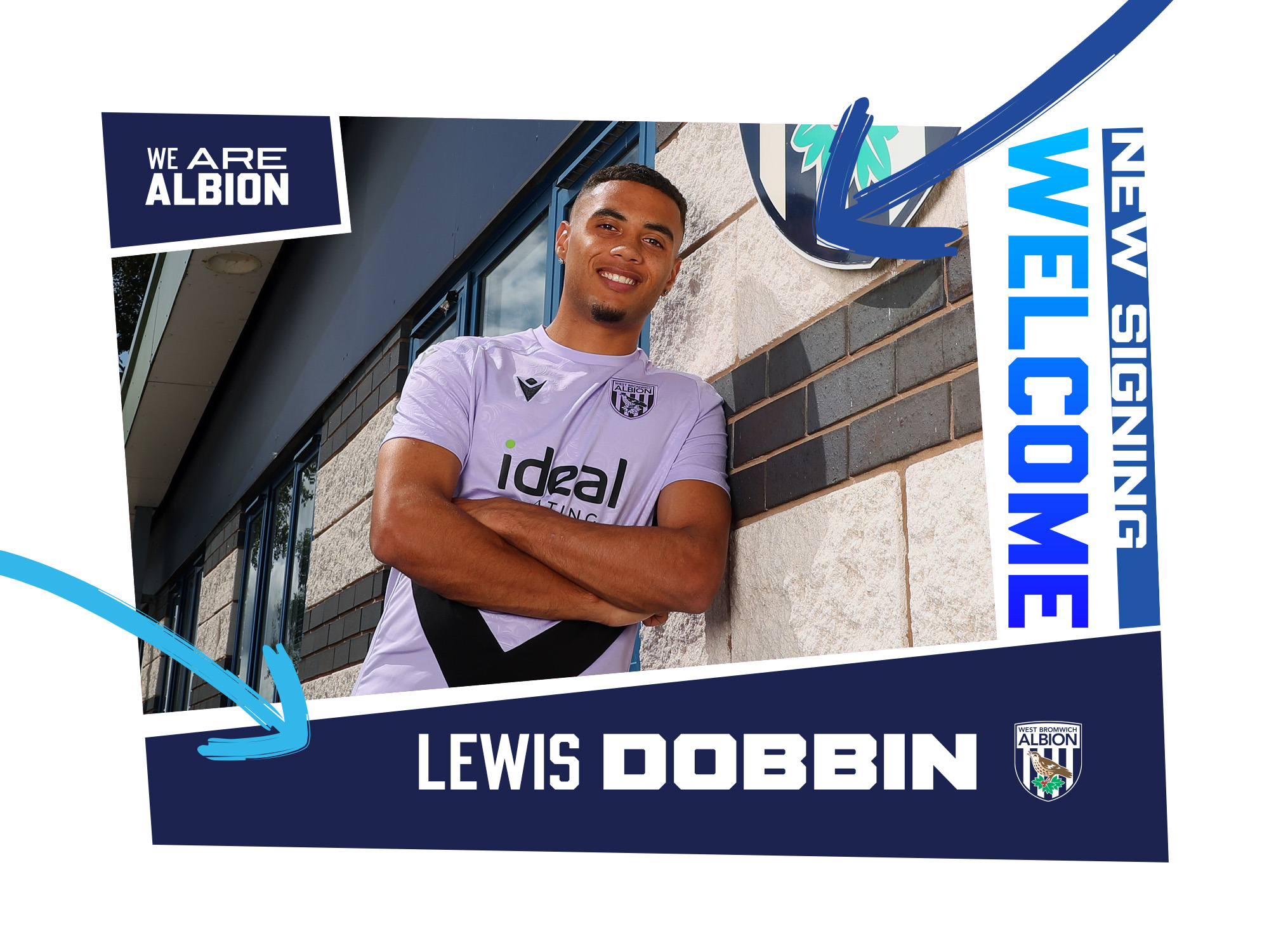 Lewis Dobbin's new signing graphic with an image of him standing with his arms folded smiling at the camera 