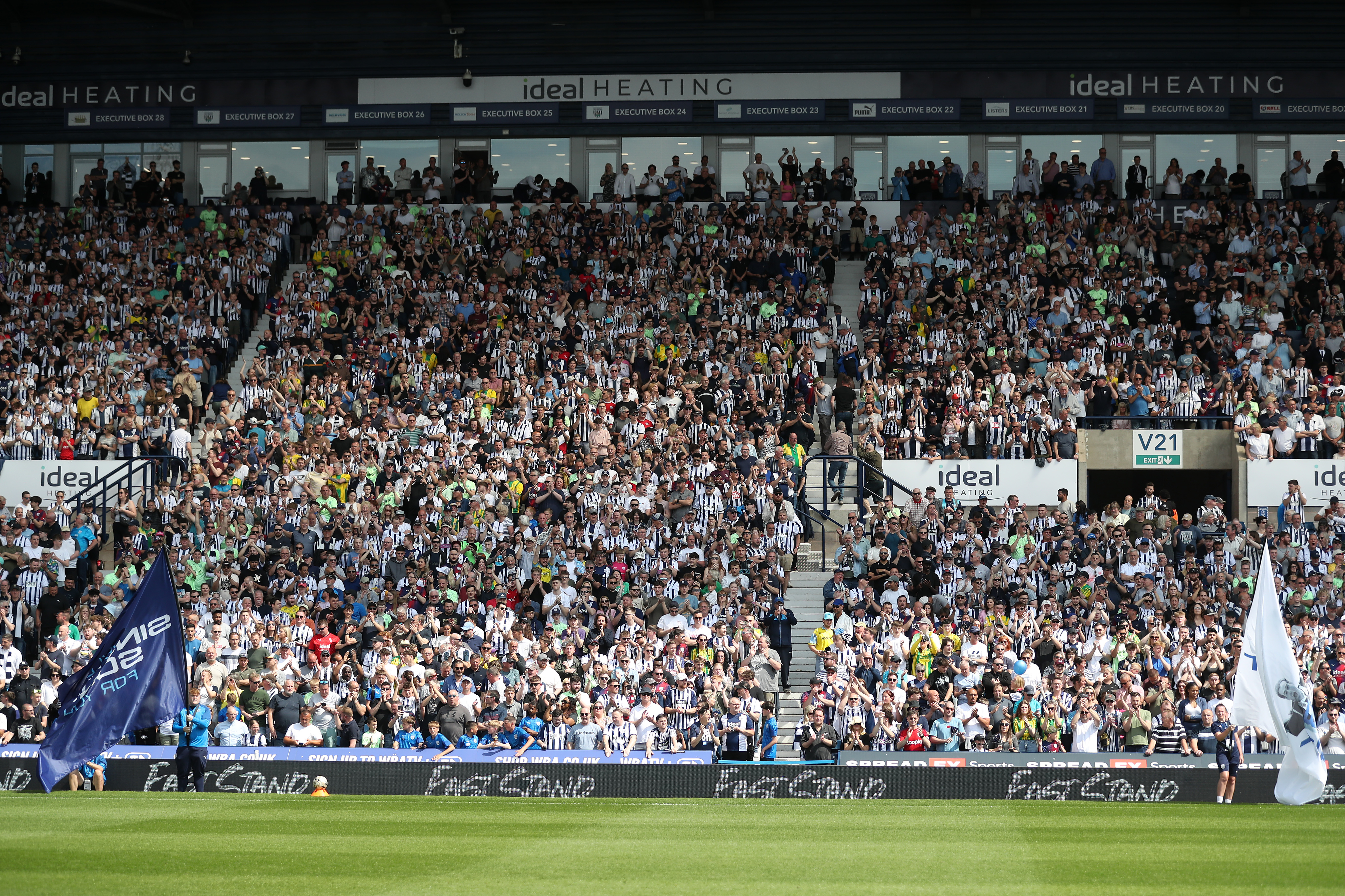 A general view of thousands of Albion fans in the East Stand watching a game 