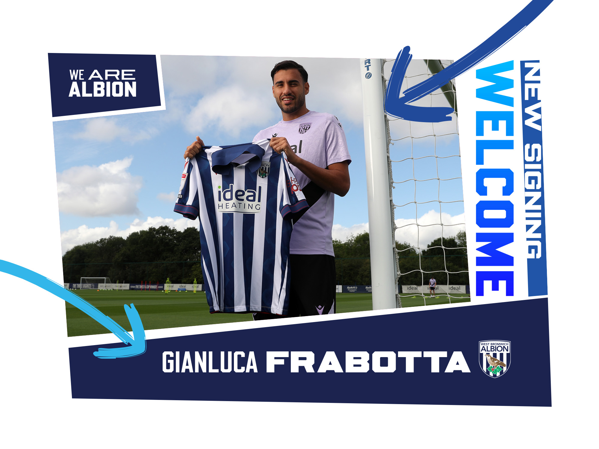 Gianluca Frabotta's signing graphic with an image of him holding up a home shirt smiling at the camera 