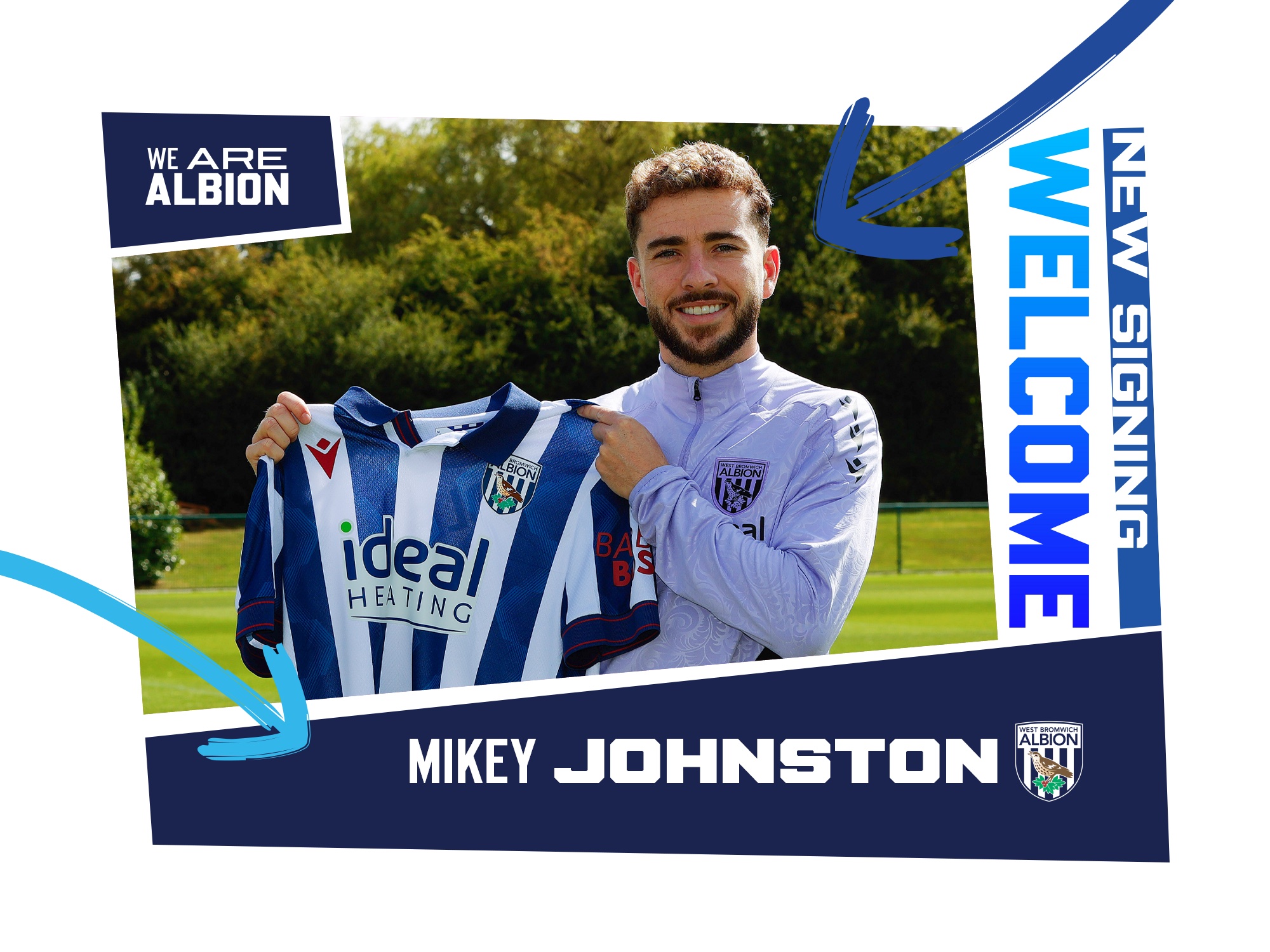 Mikey Johnston's signing graphic with an image of him smiling at the camera and holding up a home shirt 