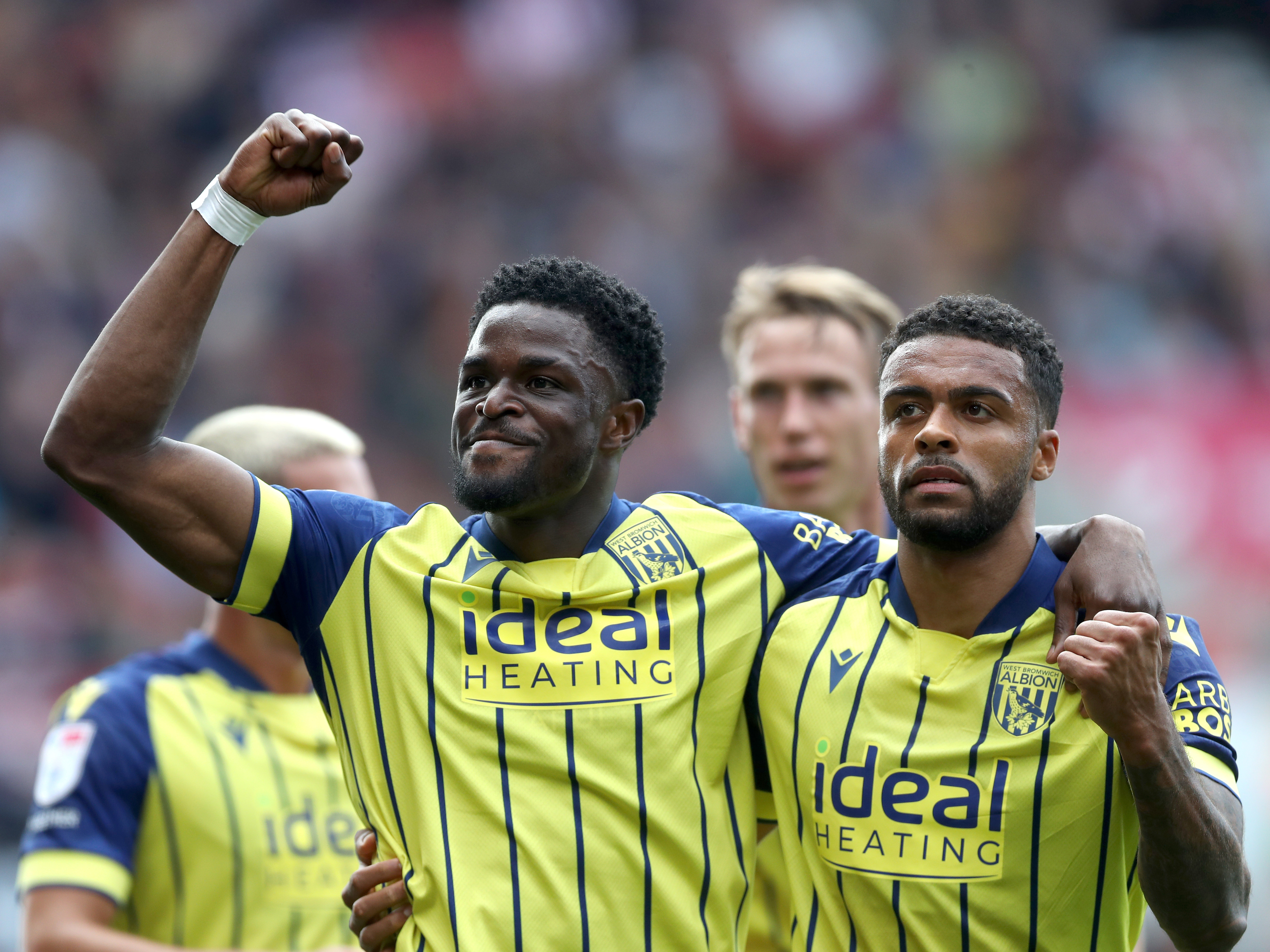 An image of Josh Maja celebrating his goal with Darnell Furlong