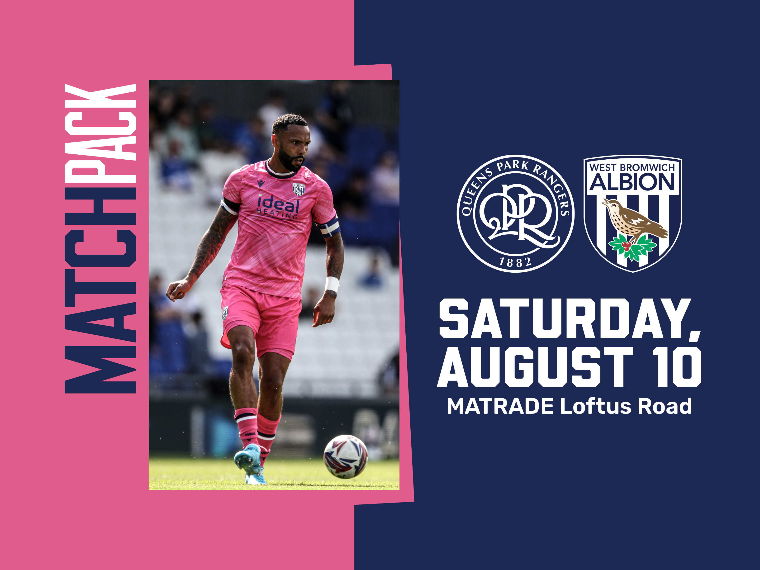 Pink match pack graphic for QPR with an image of Kyle Bartley wearing the pink kit with QPR & WBA badges on