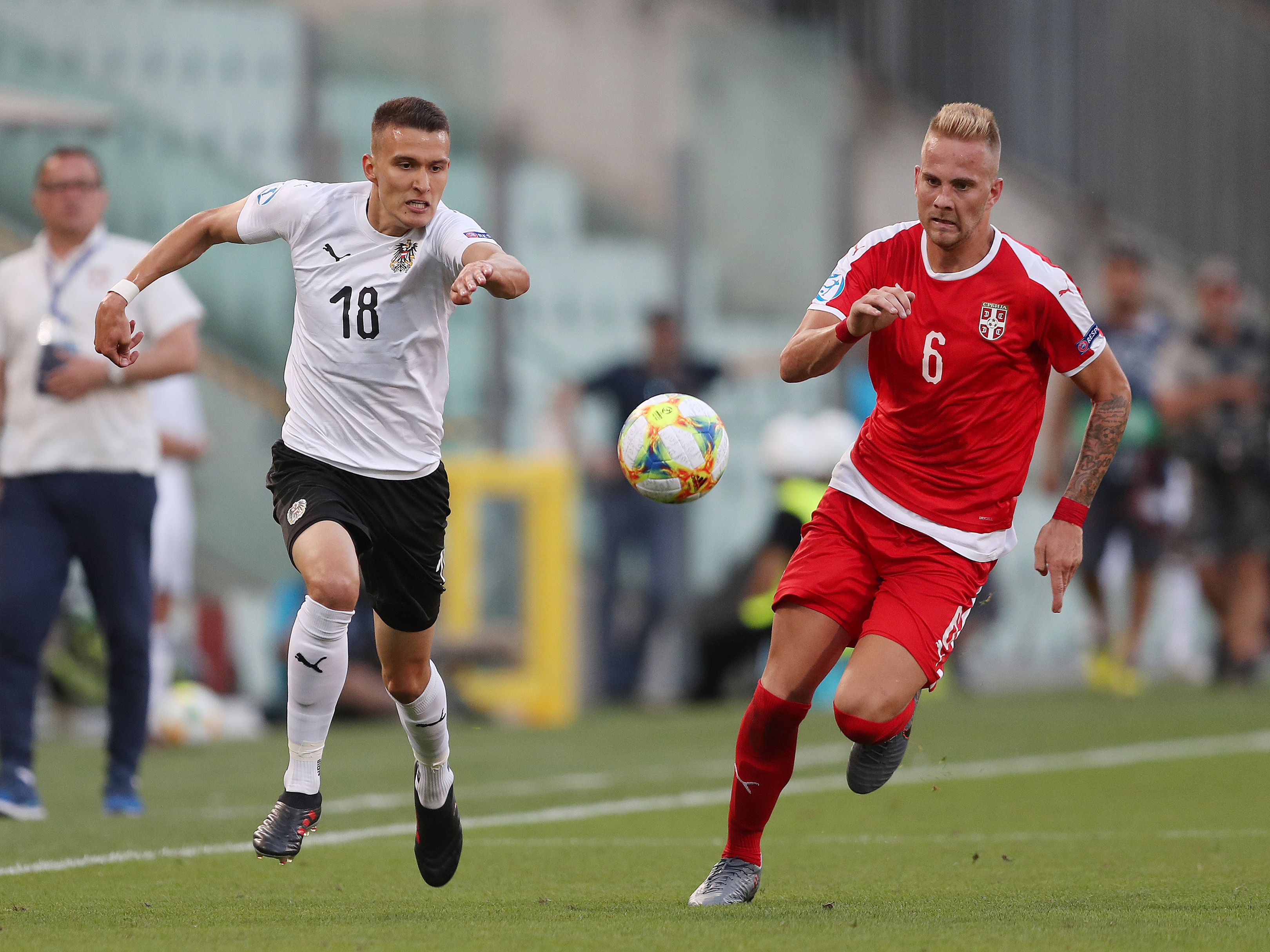 Uroš Račić in action against Austria at the UEFA European under-21 Championships in Italy in 2019