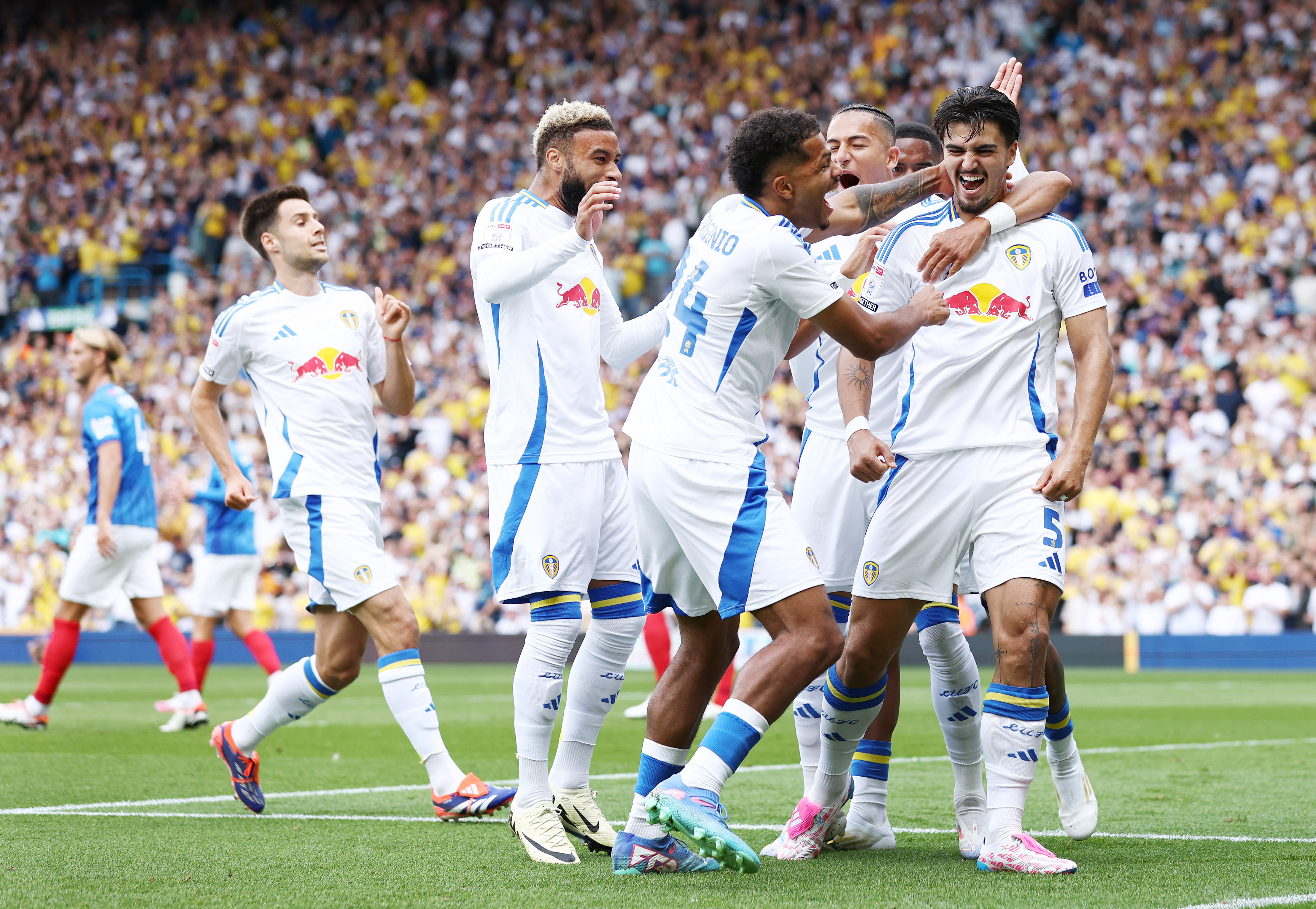 Leeds United celebrate scoring a goal against Portsmouth at Elland Road