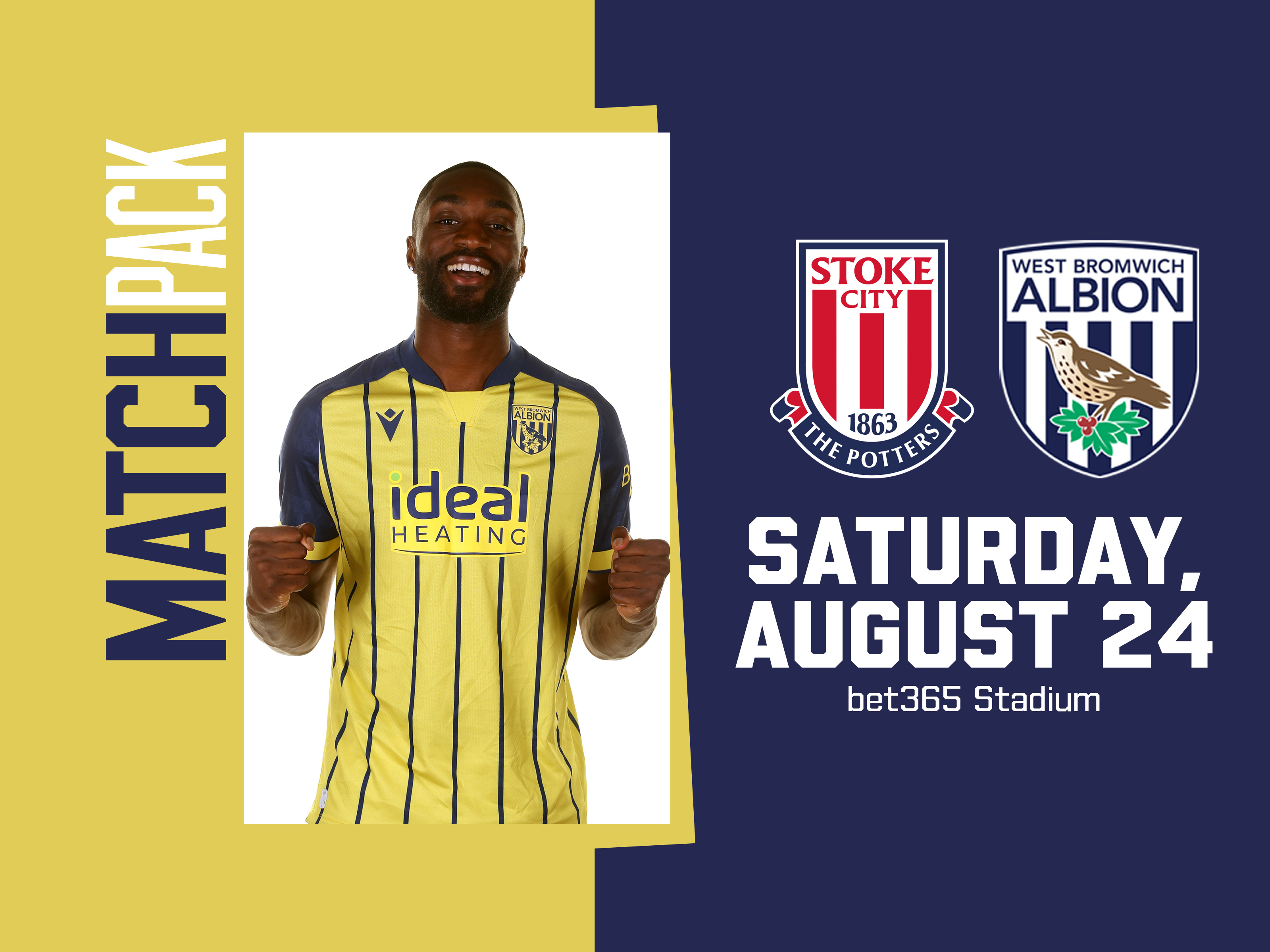 Stoke City v WBA match pack graphic with both badges and an image of Semi Ajayi celebrating in the yellow away kit 