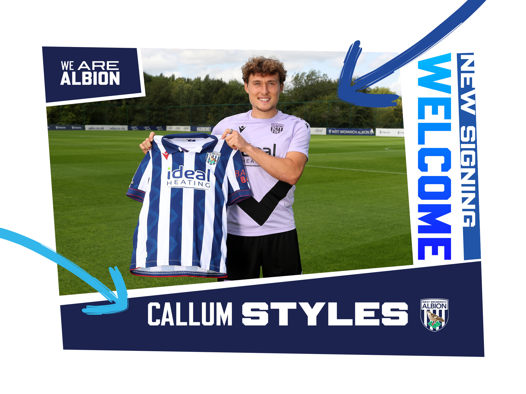 Callum Styles signing graphic with an image of him smiling at the camera holding a home shirt 