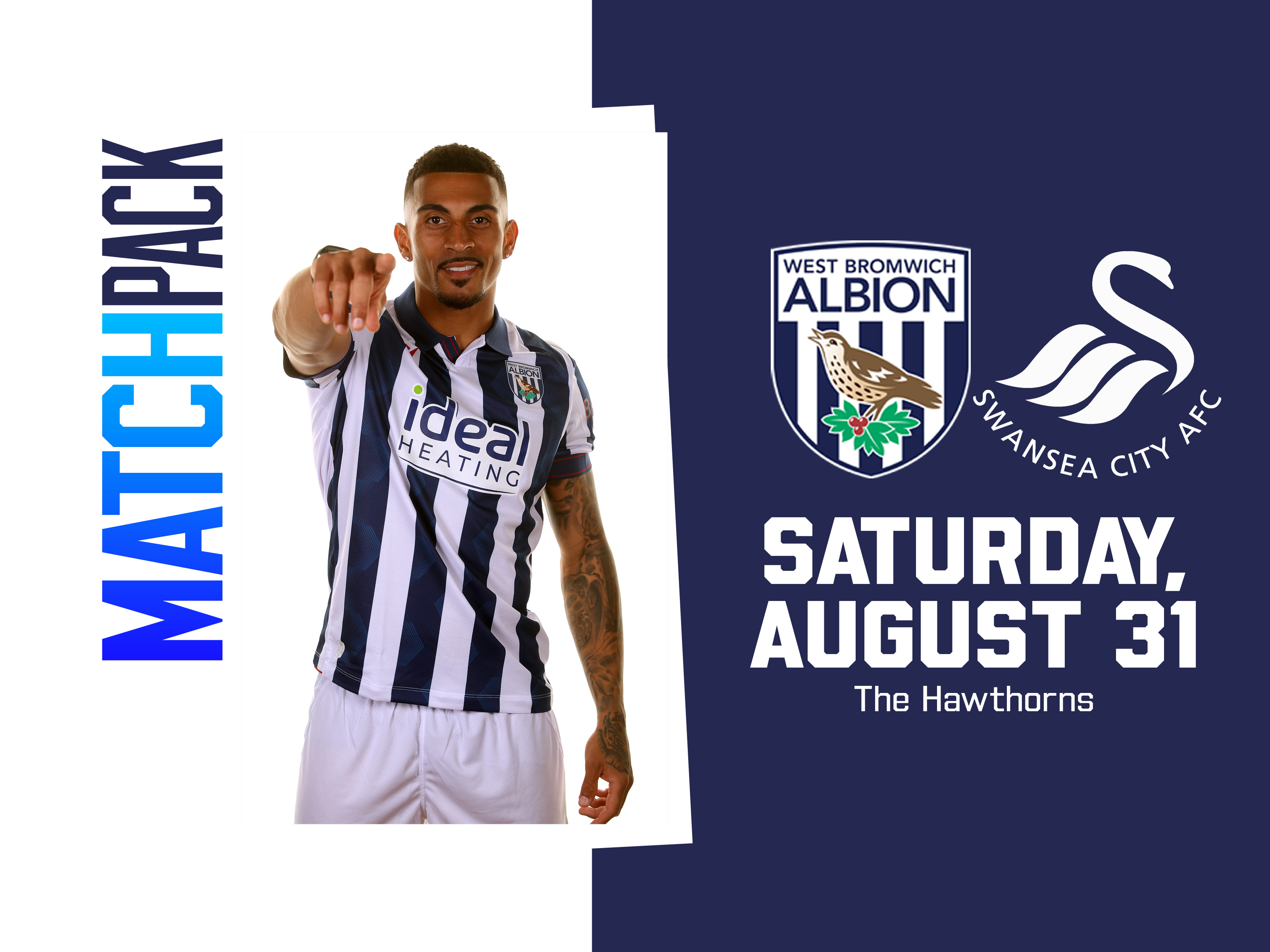 WBA v Swansea home match pack graphic with both club badges and an image of Karlan Grant pointing and smiling at the camera in a home shirt 