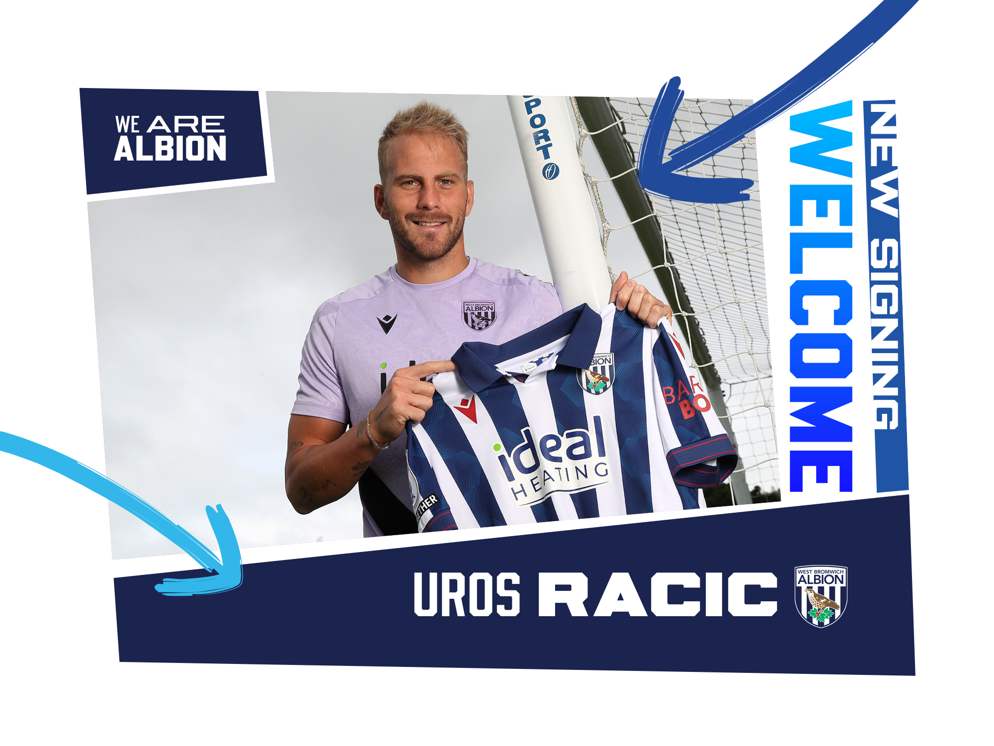 Uroš Račić's signing graphic with an image of him smiling at the camera holding up a home shirt 