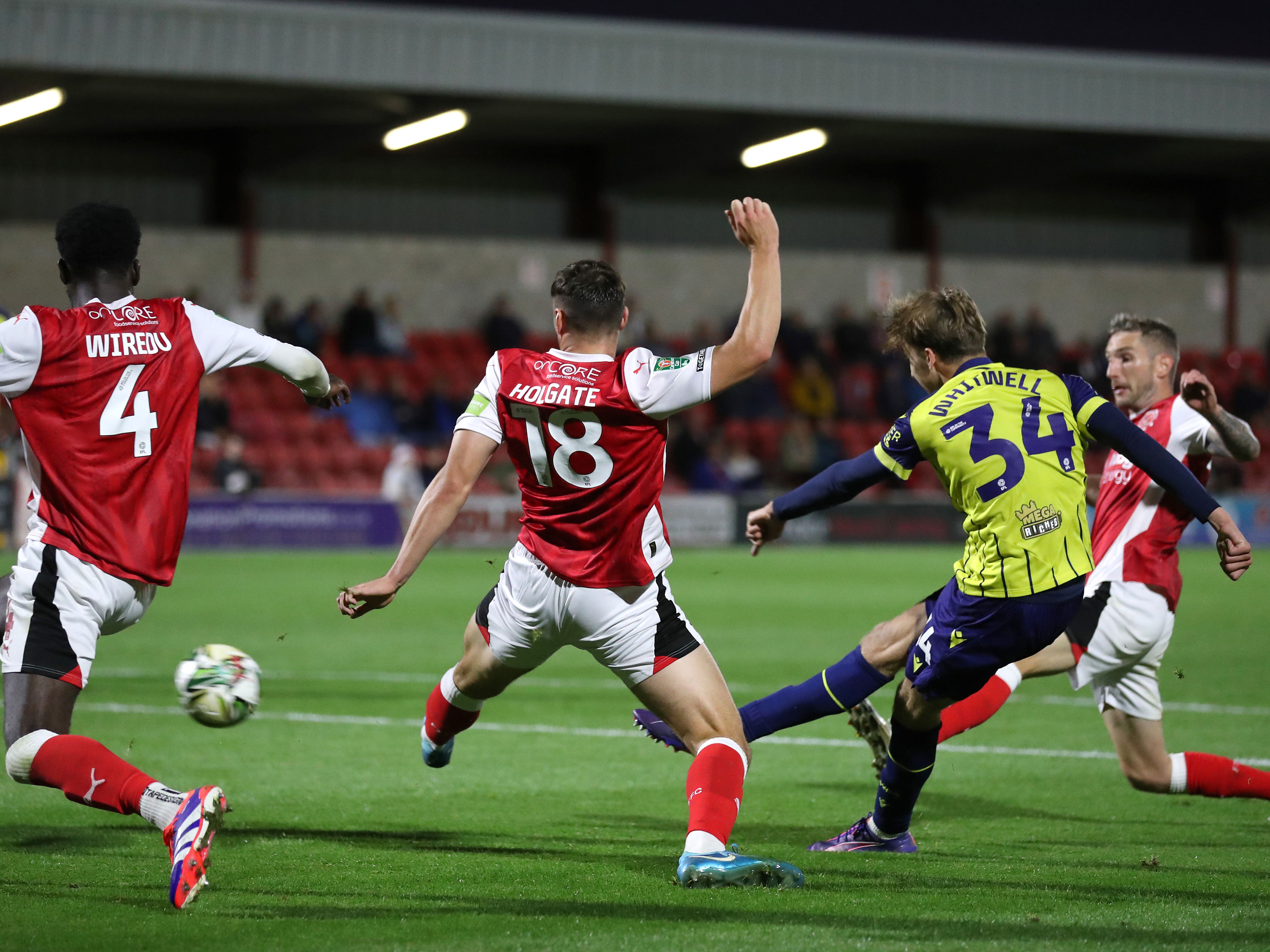 An image of Harry Whitwell shooting against Fleetwood