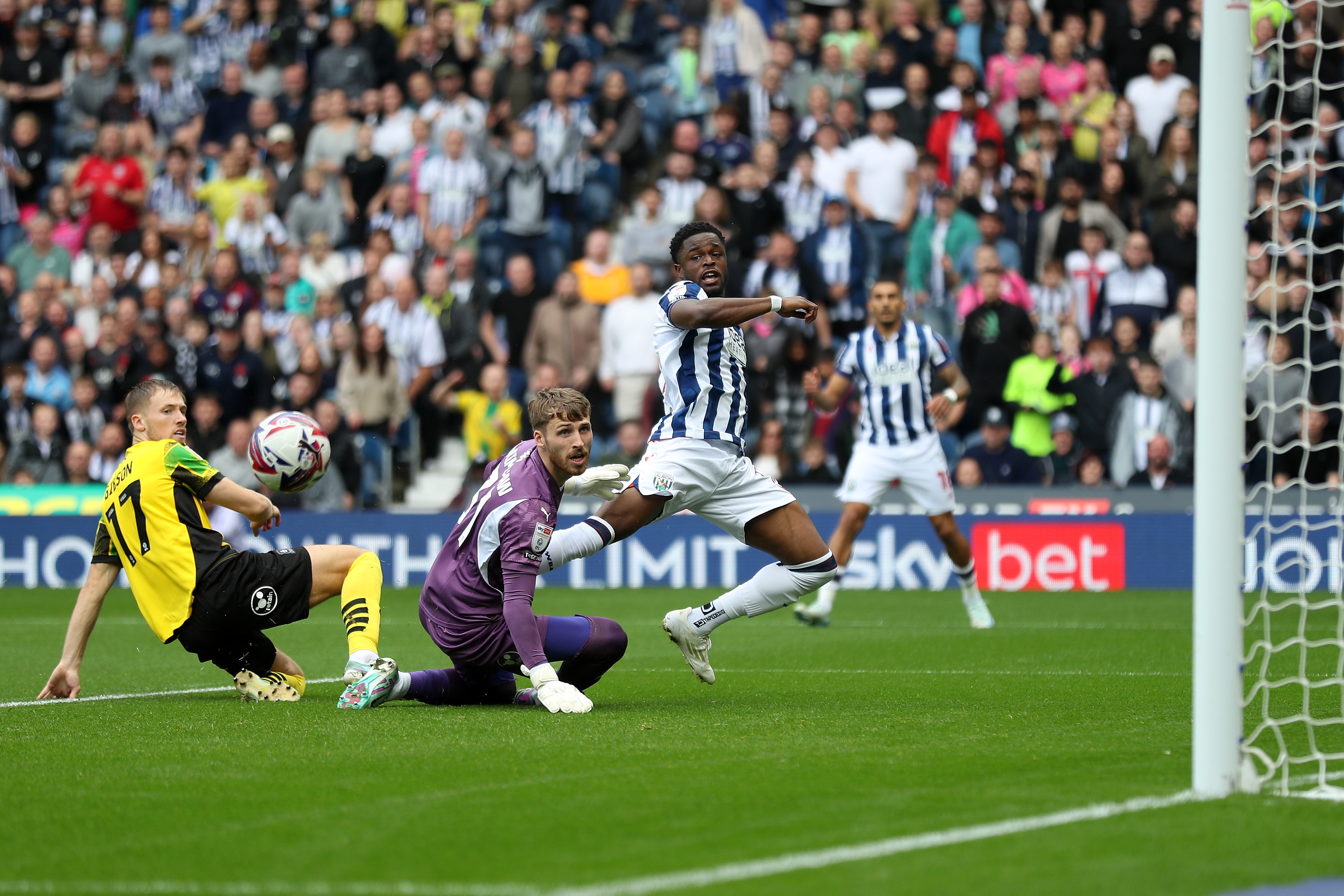 Josh Maja stretches to try and reach the ball against Plymouth