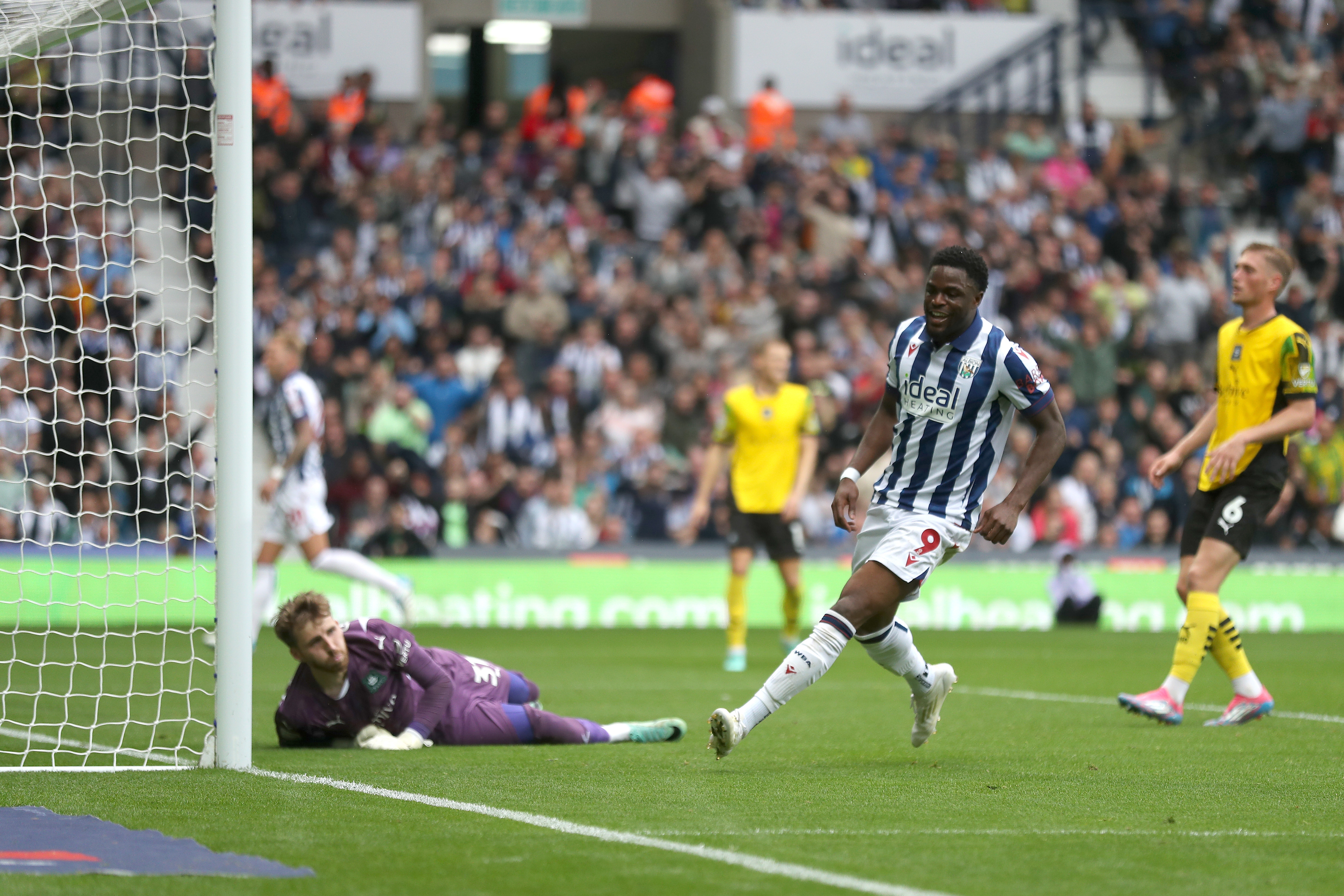 Josh Maja celebrates scoring against Plymouth at The Hawthorns