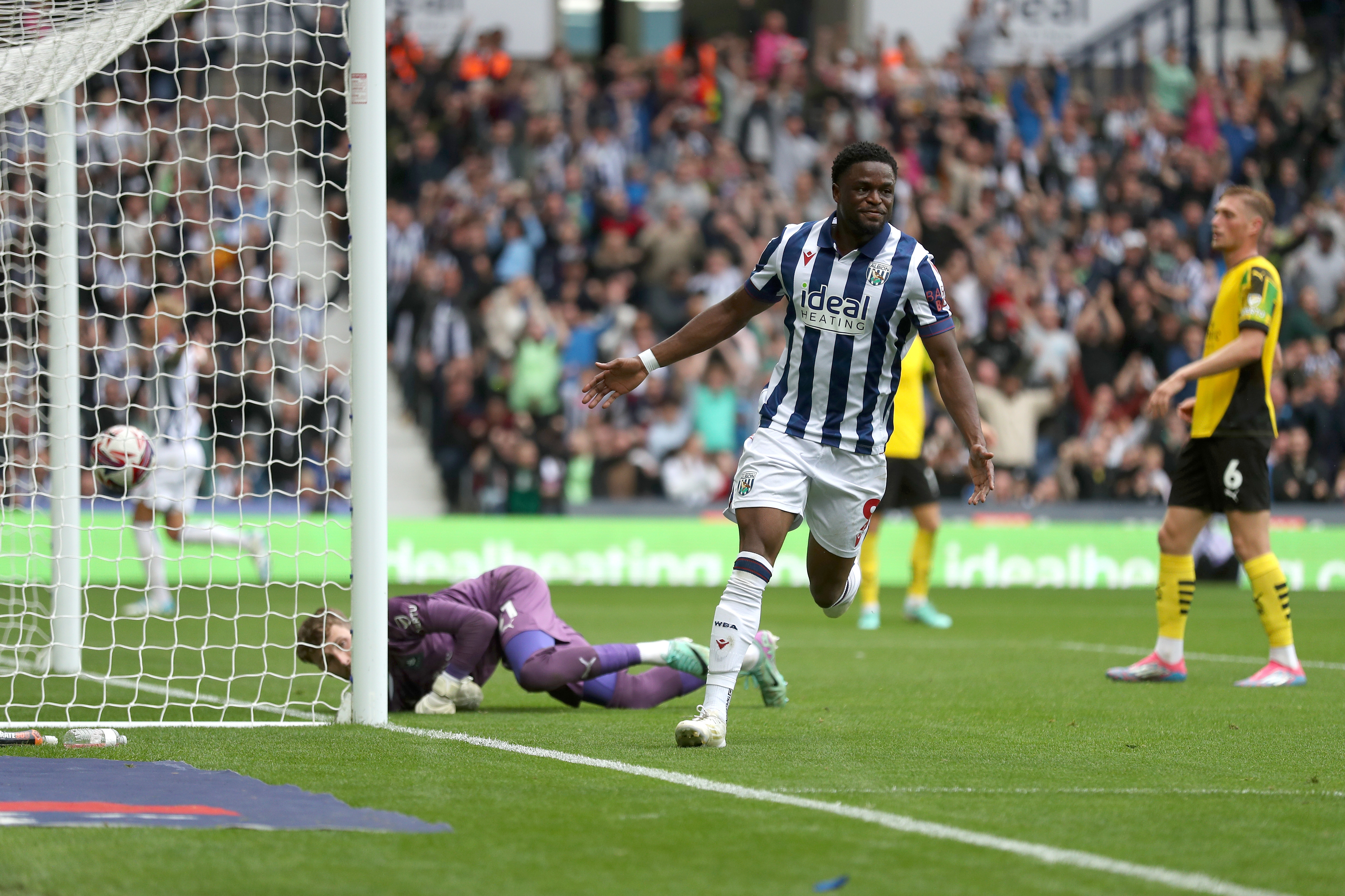 Josh Maja celebrates scoring against Plymouth at The Hawthorns