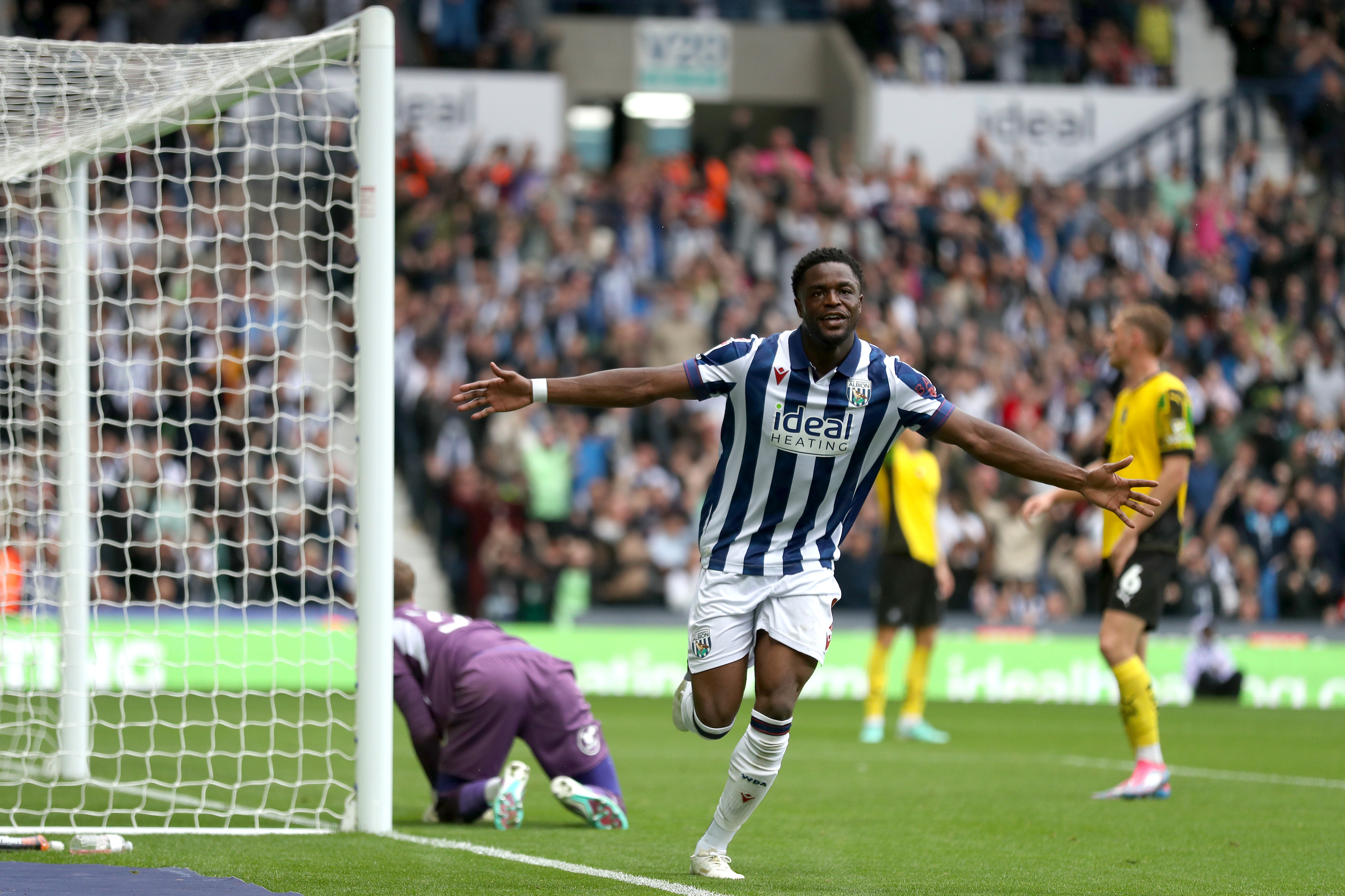 Josh Maja celebrates scoring against Plymouth at The Hawthorns