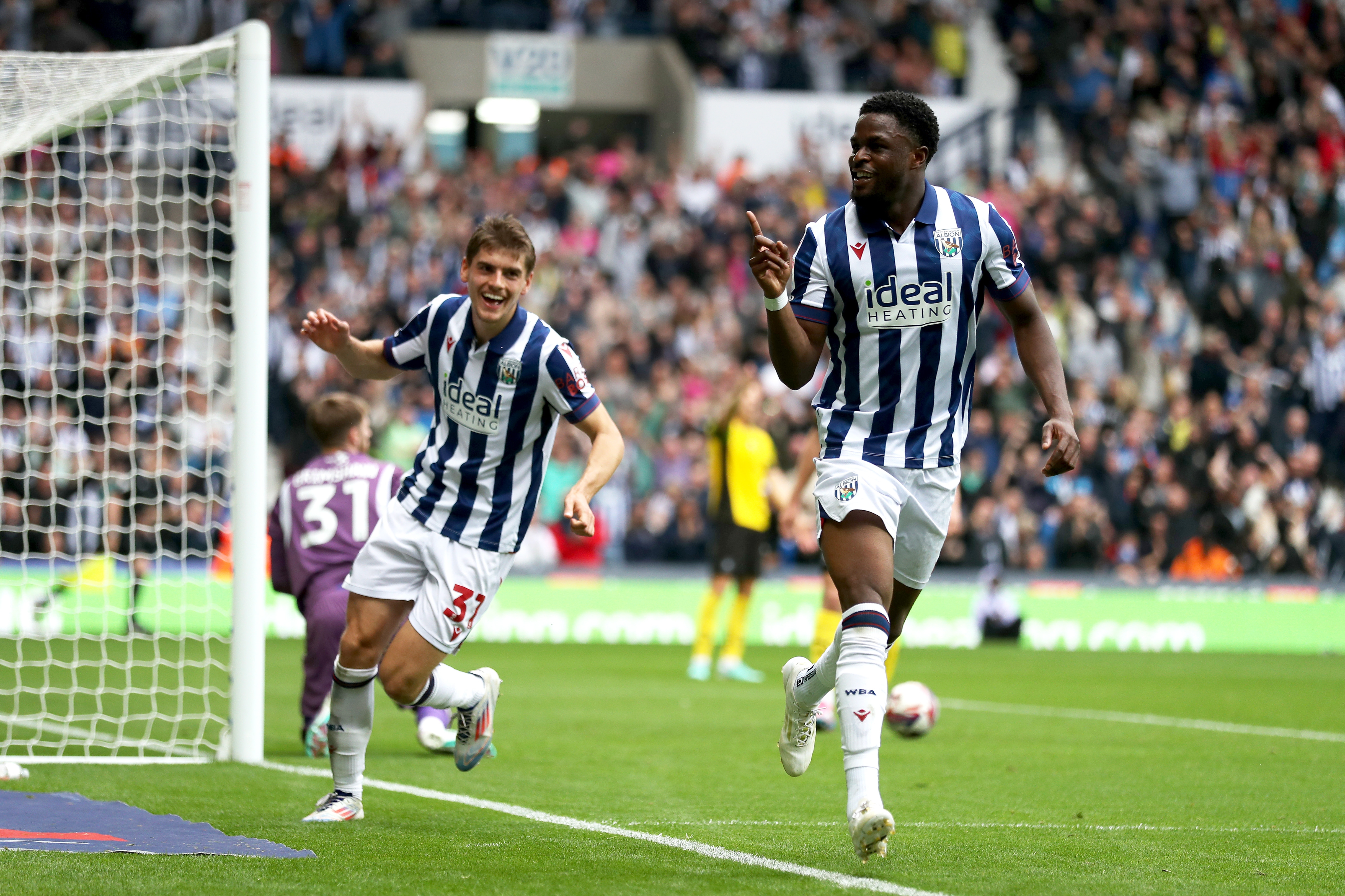 Josh Maja celebrates scoring against Plymouth at The Hawthorns