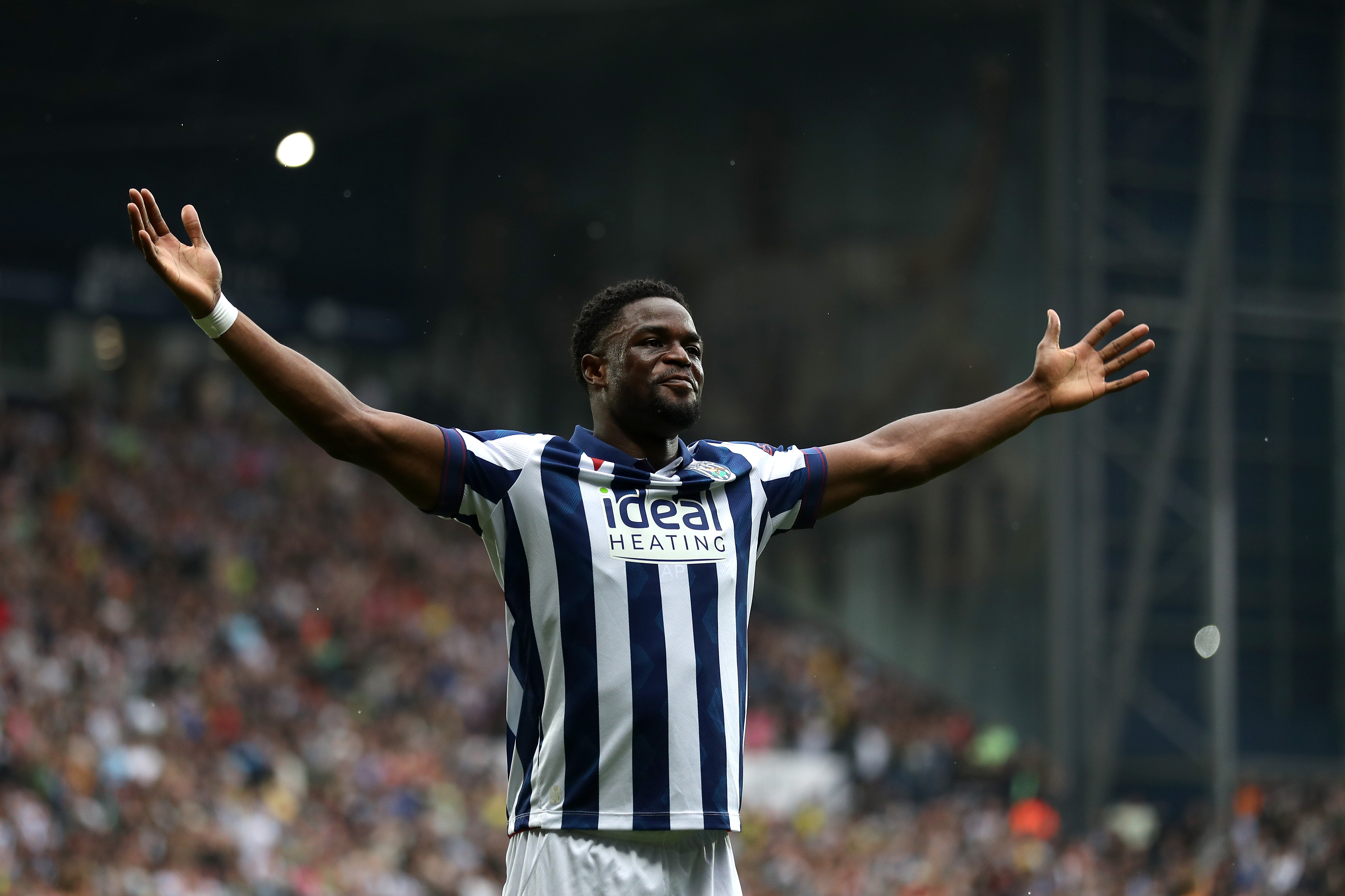 Josh Maja celebrates scoring against Plymouth at The Hawthorns