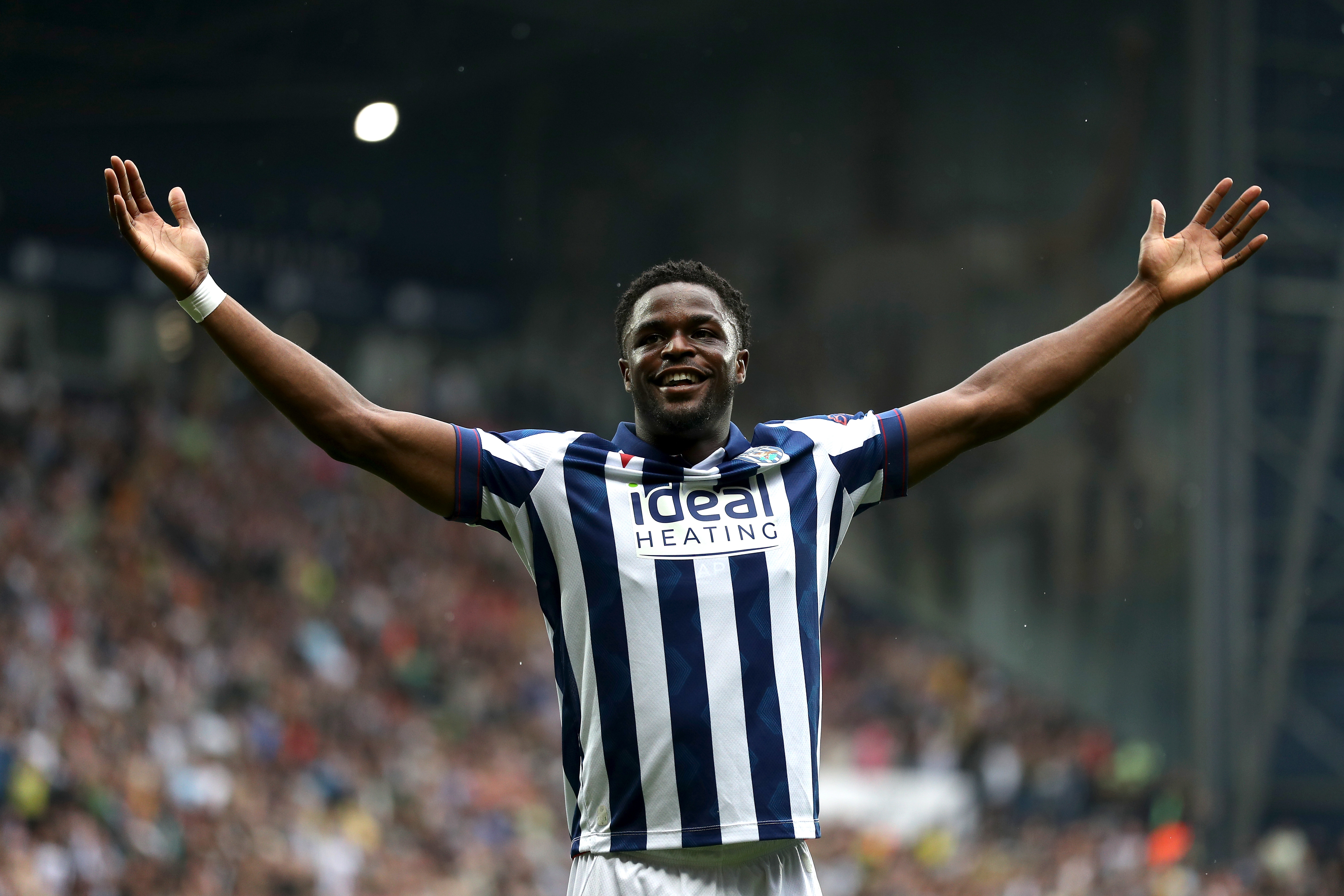 Josh Maja celebrates scoring against Plymouth at The Hawthorns