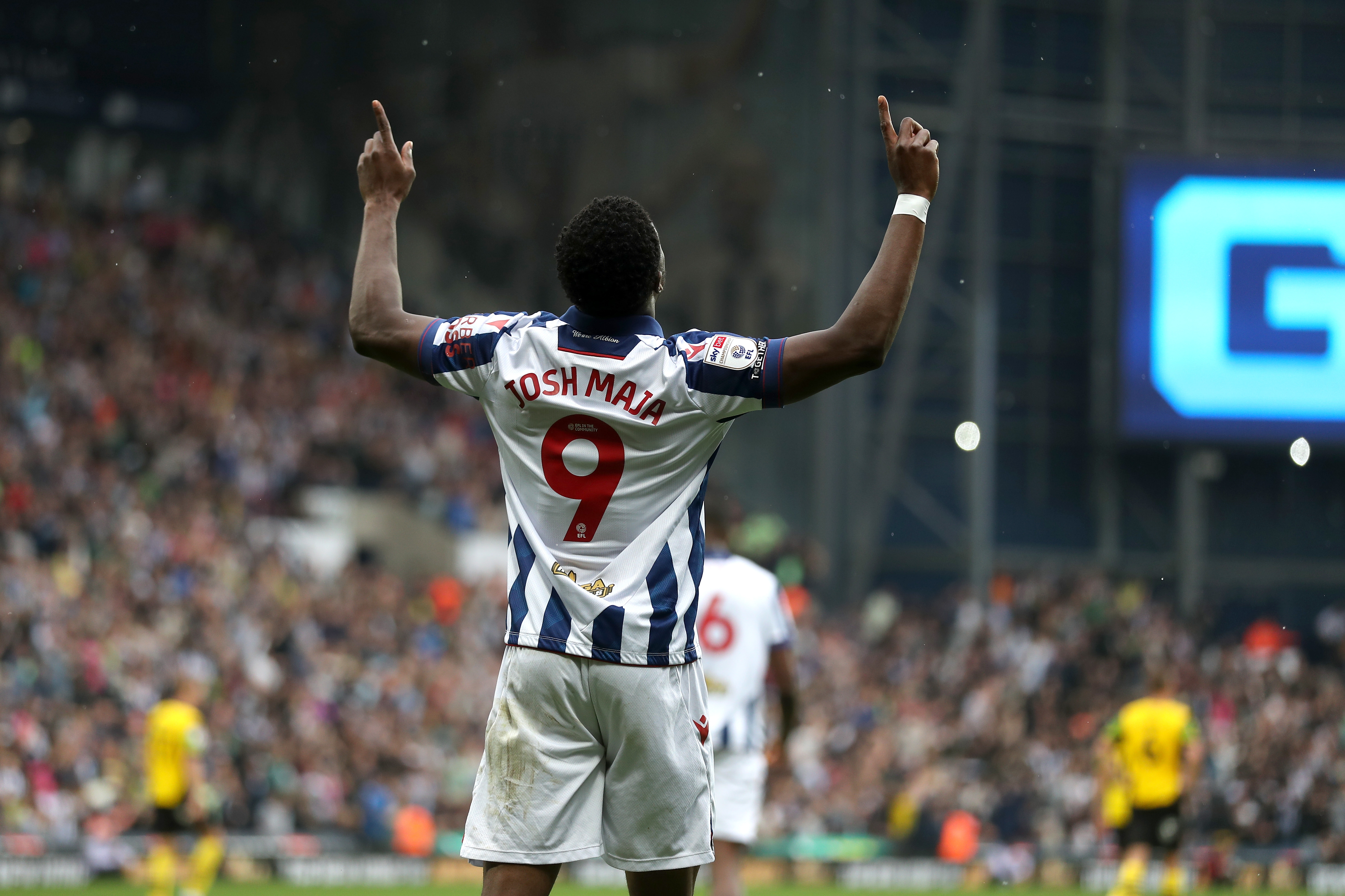 Josh Maja celebrates scoring against Plymouth at The Hawthorns