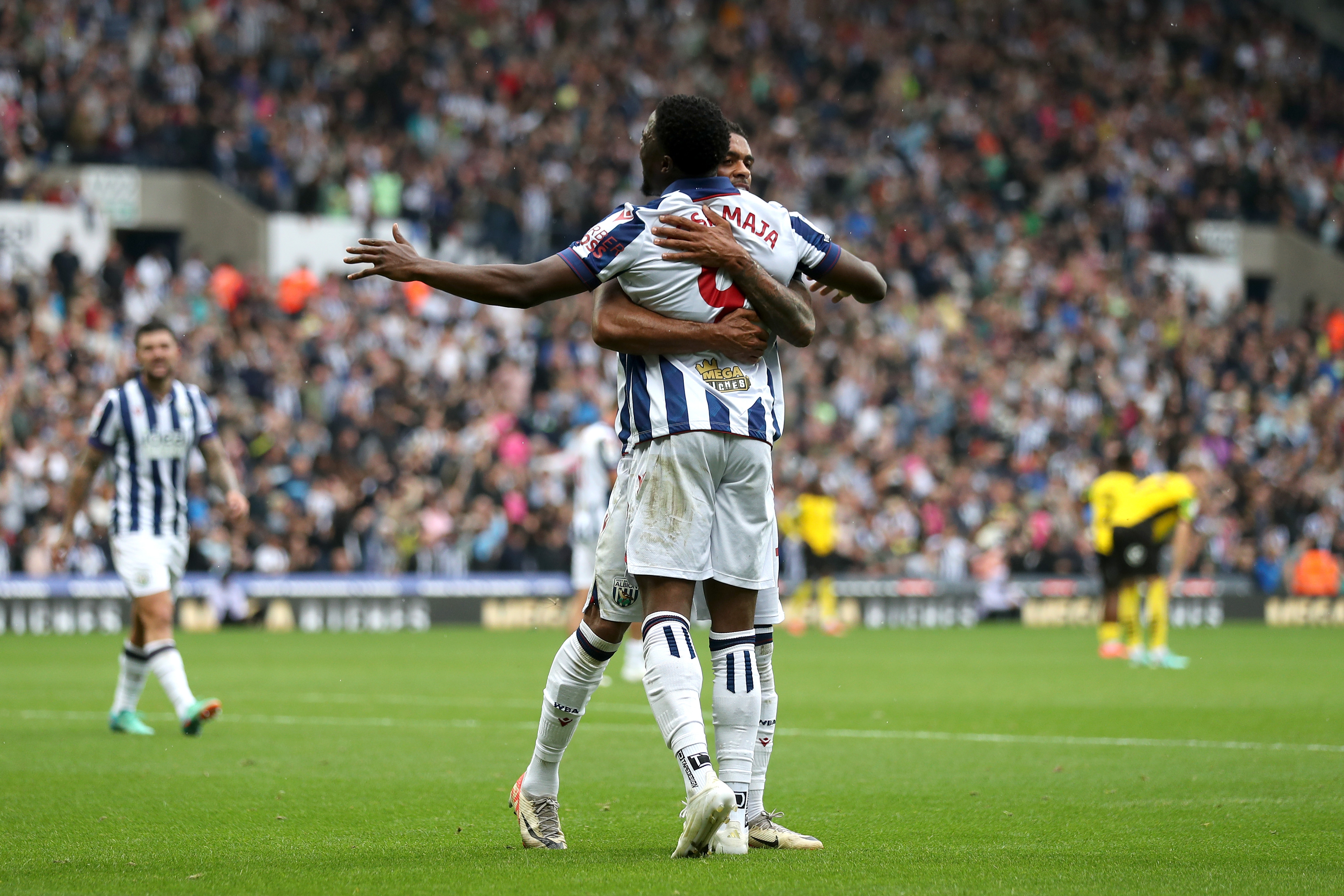 Josh Maja celebrates scoring against Plymouth with team-mates at The Hawthorns