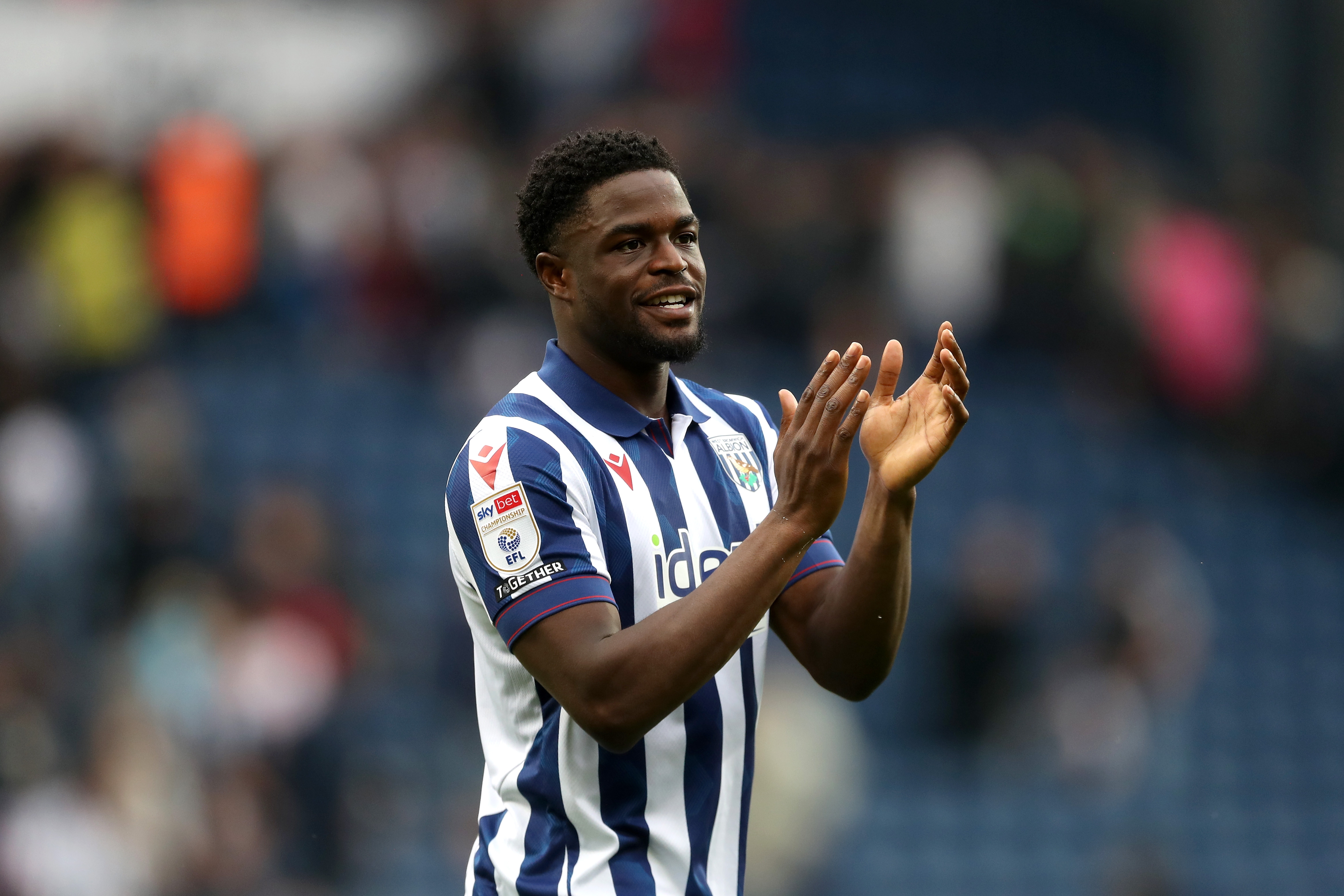 Josh Maja applauding Albion fans at The Hawthorns