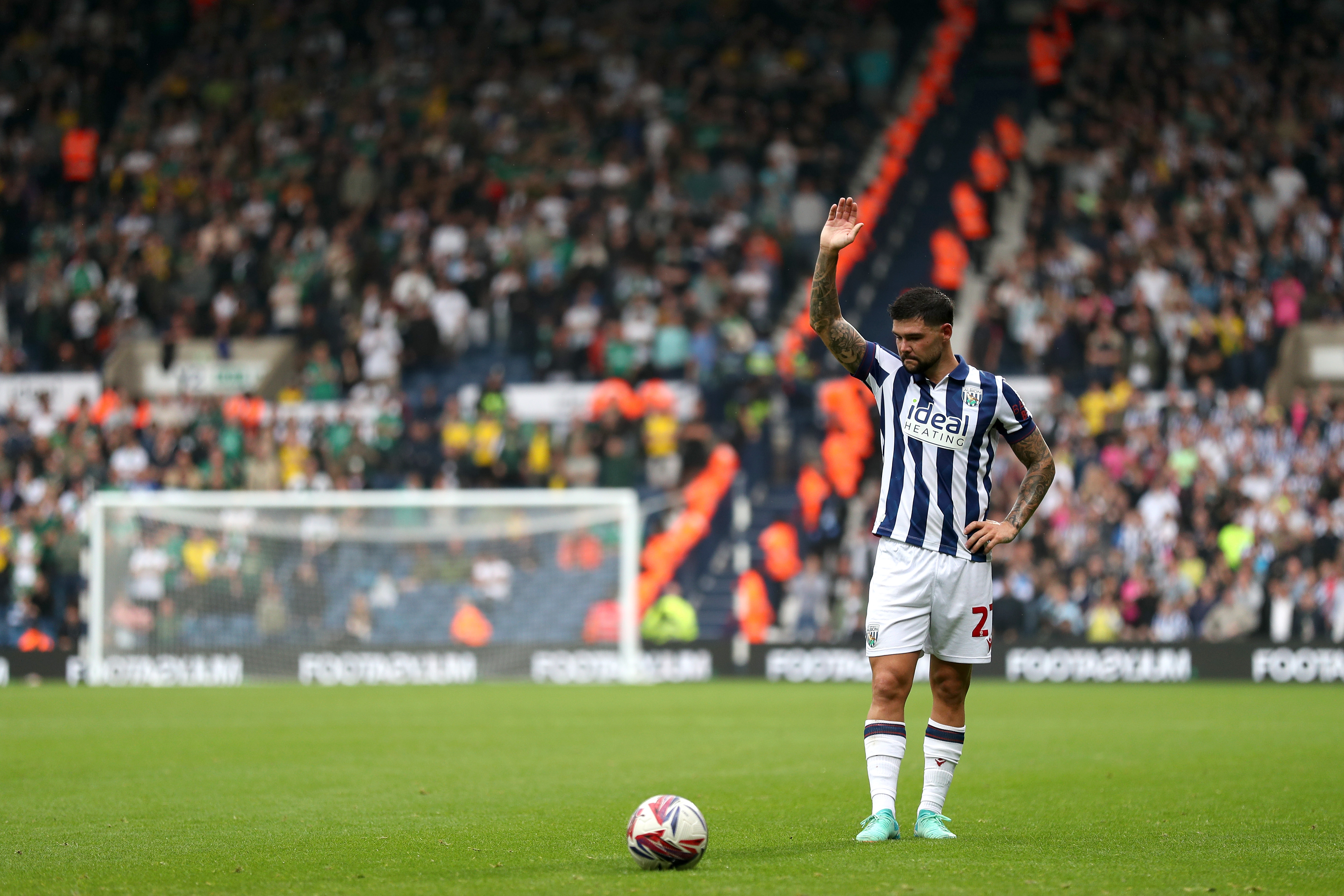 Alex Mowatt prepares to take a free-kick against Plymouth 