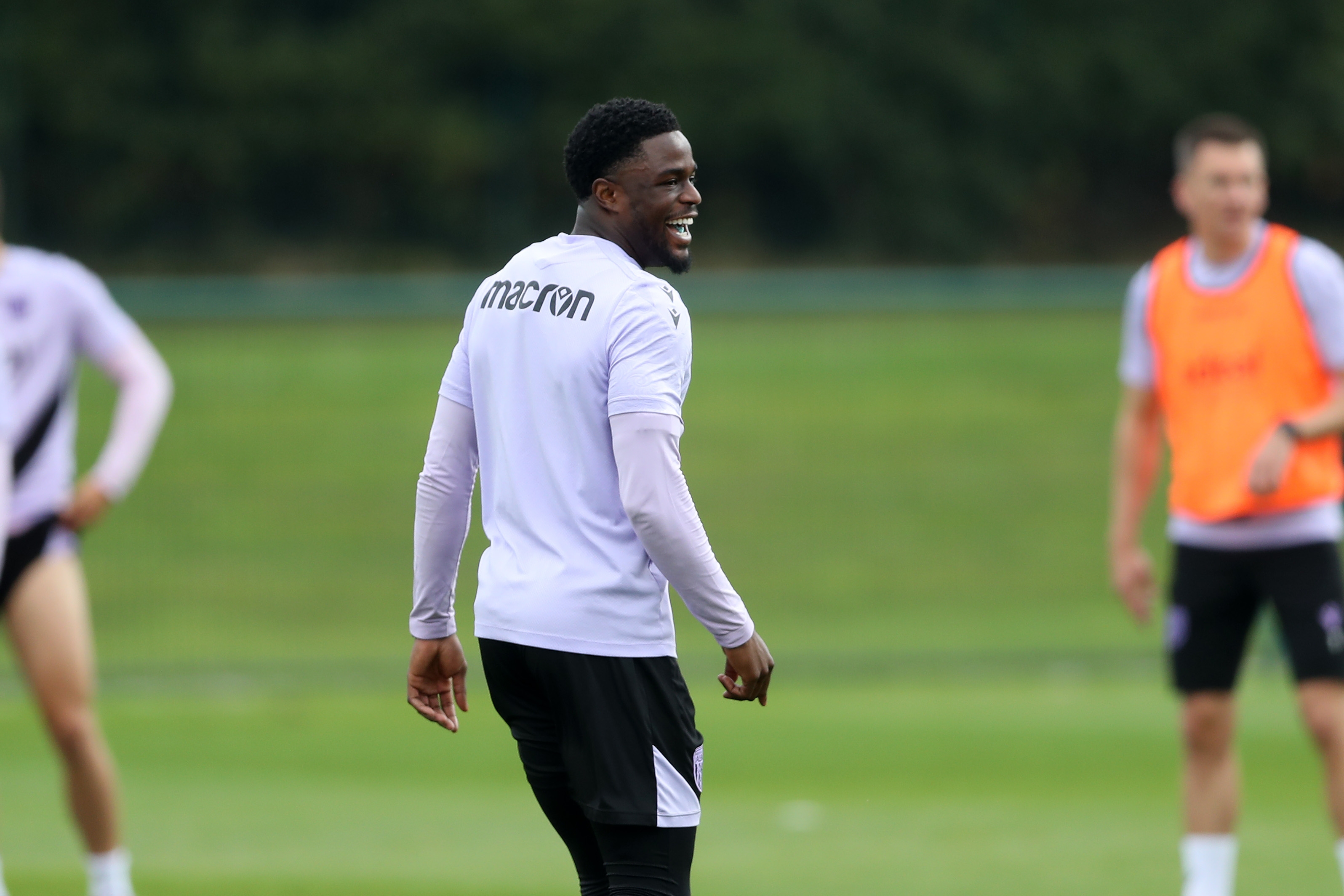 Josh Maja smiling during training 