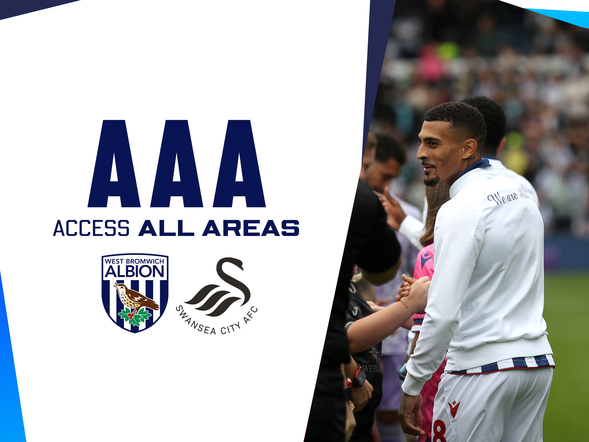 An 'AAA' graphic showing the badges of Albion and Swansea, and a photo of Karlan Grant in his white walkout jacket