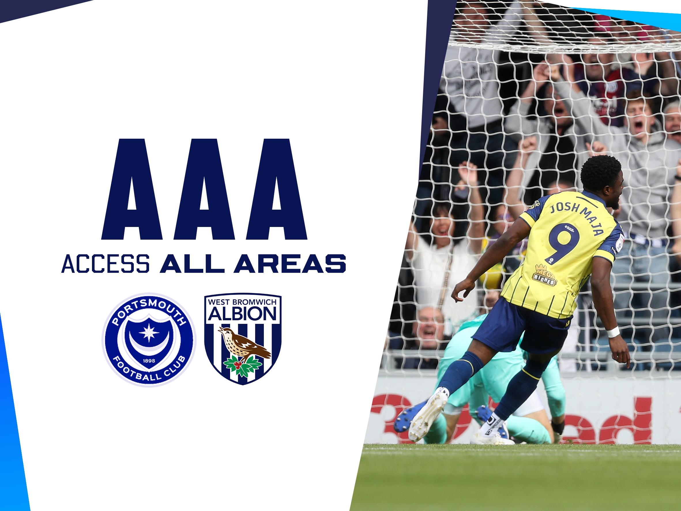 An AAA match day graphic, showing the badges of Albion and Pompey, leading to a behind-the-scenes video of Albion's away win against Portsmouth