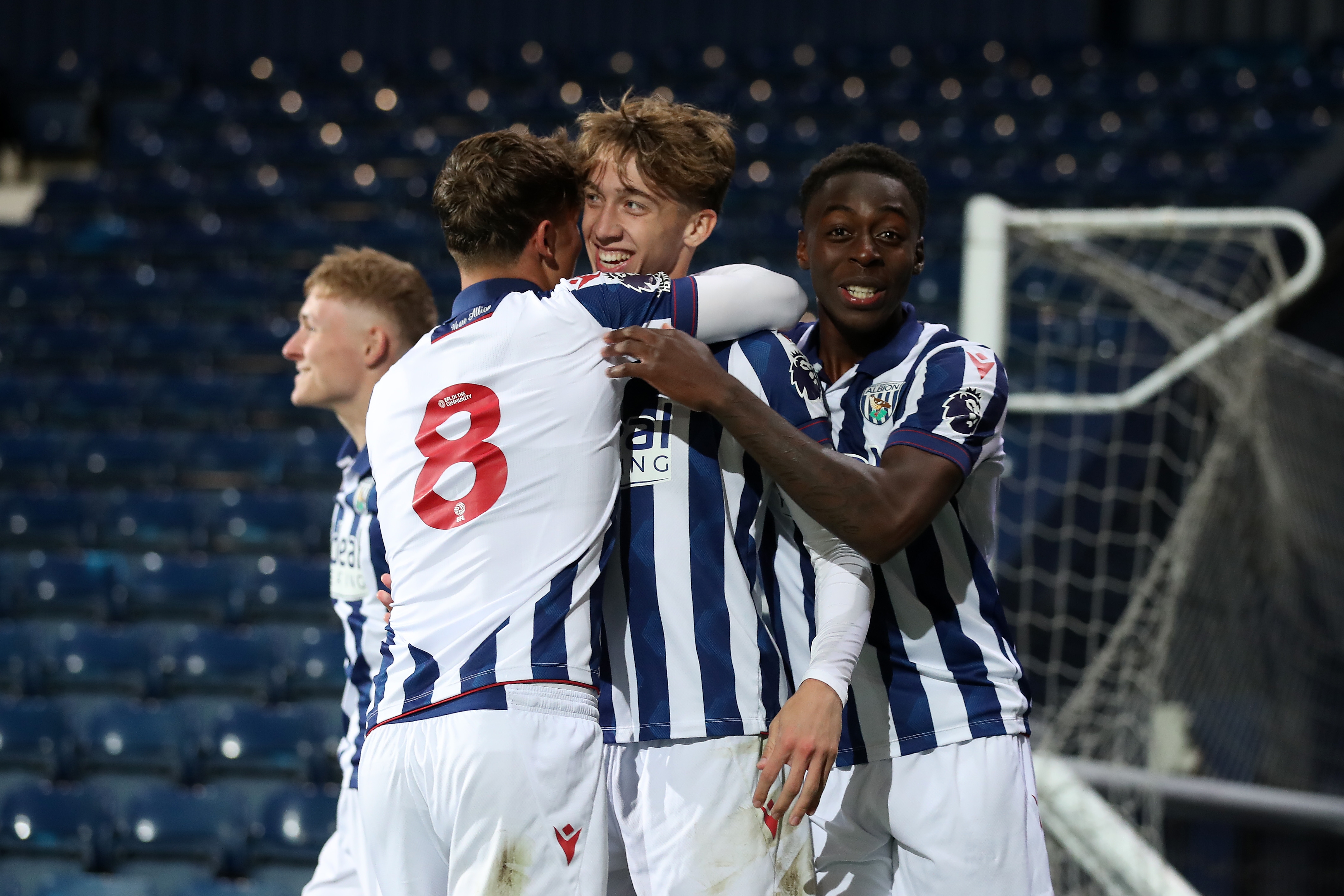 Harry Whitwell celebrates with team-mates after scoring for Albion's PL2 team against Southampton at The Hawthorns 