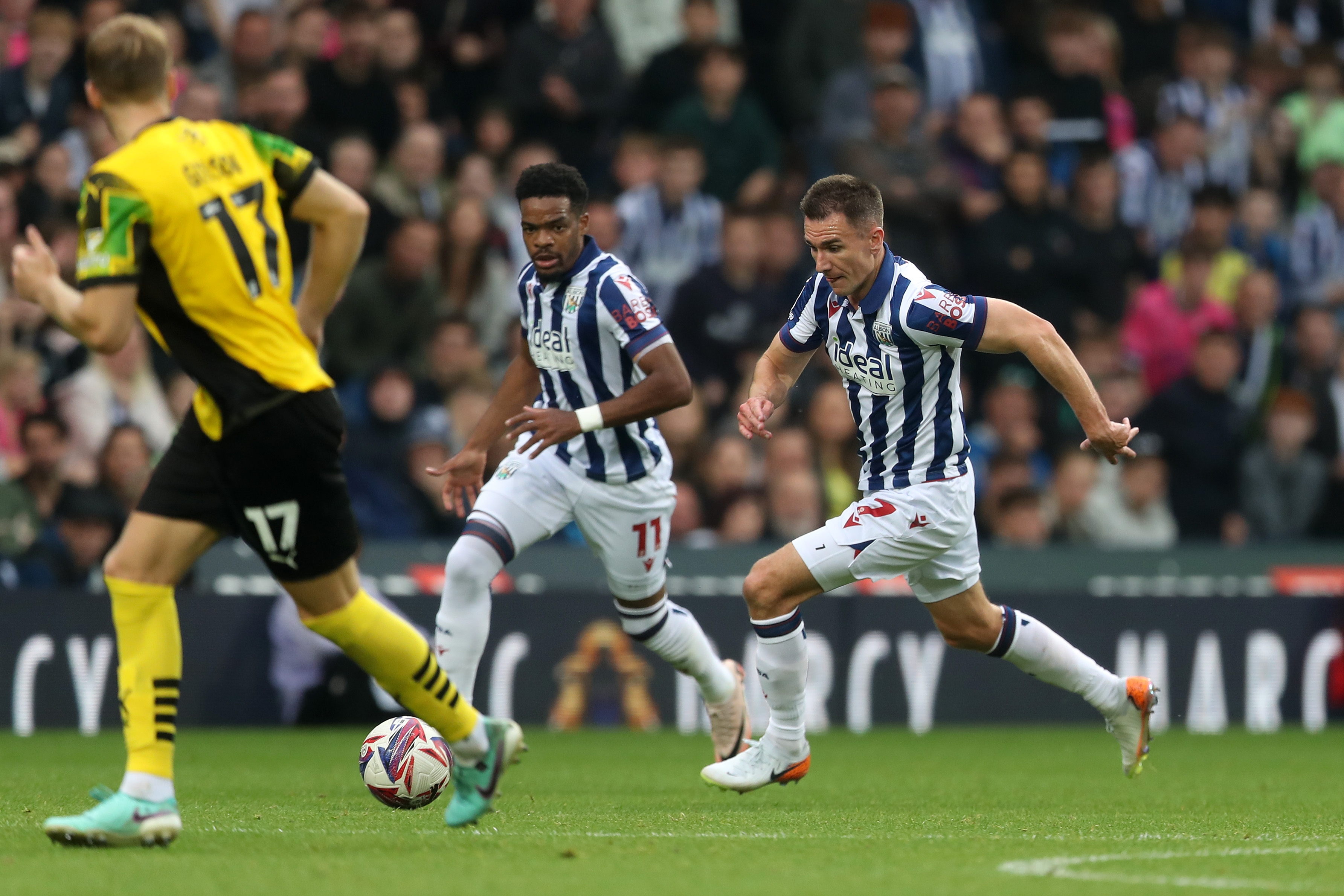 Jed Wallace and Grady Diangana in action at The Hawthorns in the home kit against Plymouth 