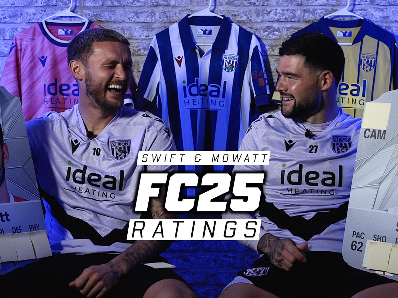 FC25 ratings graphic with a screenshot of the video with John Swift and Alex Mowatt laughing sat side-by-side in a tv studio wearing training gear 