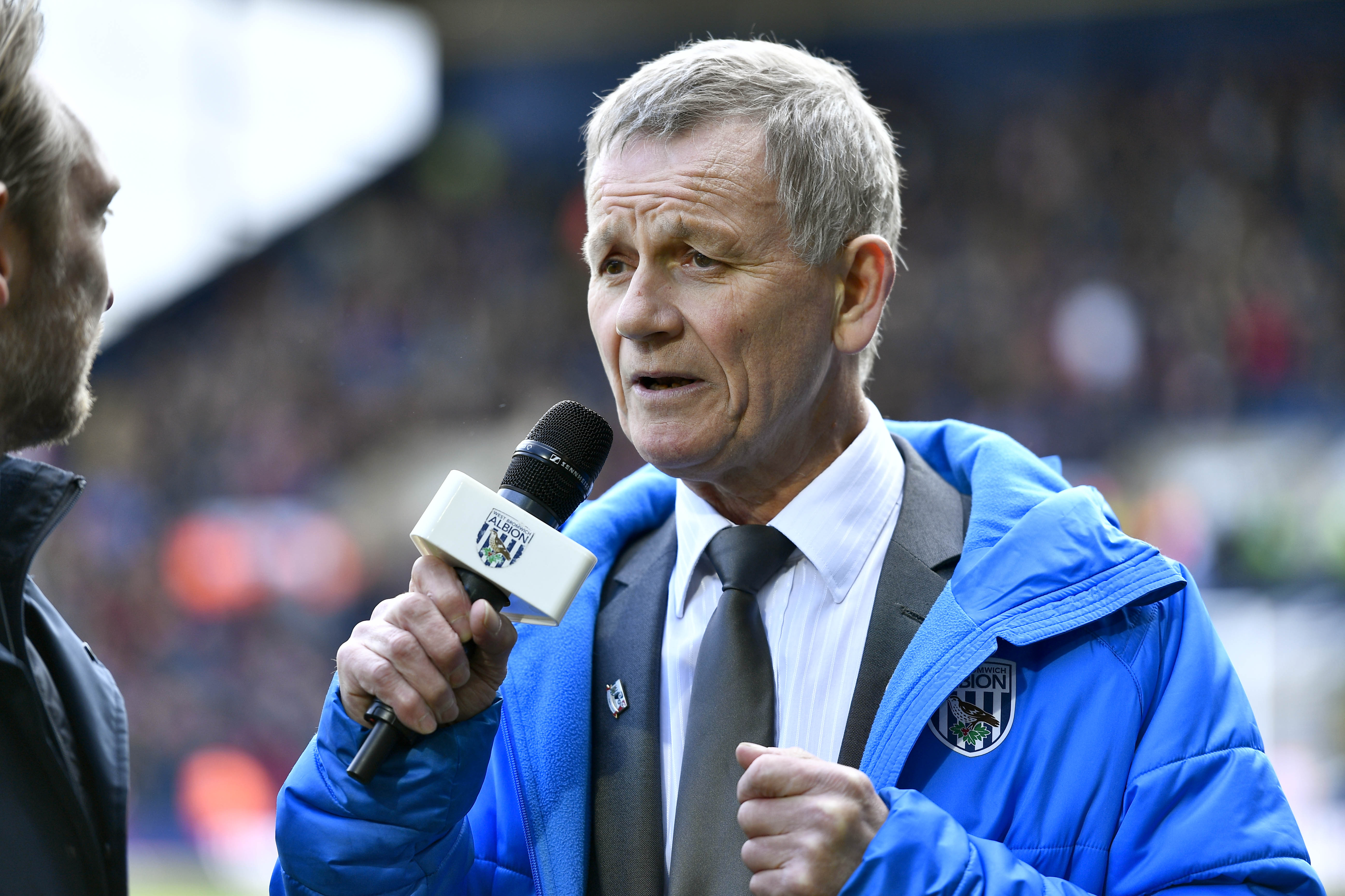 Blind Dave Heeley talking on the mic at The Hawthorns 