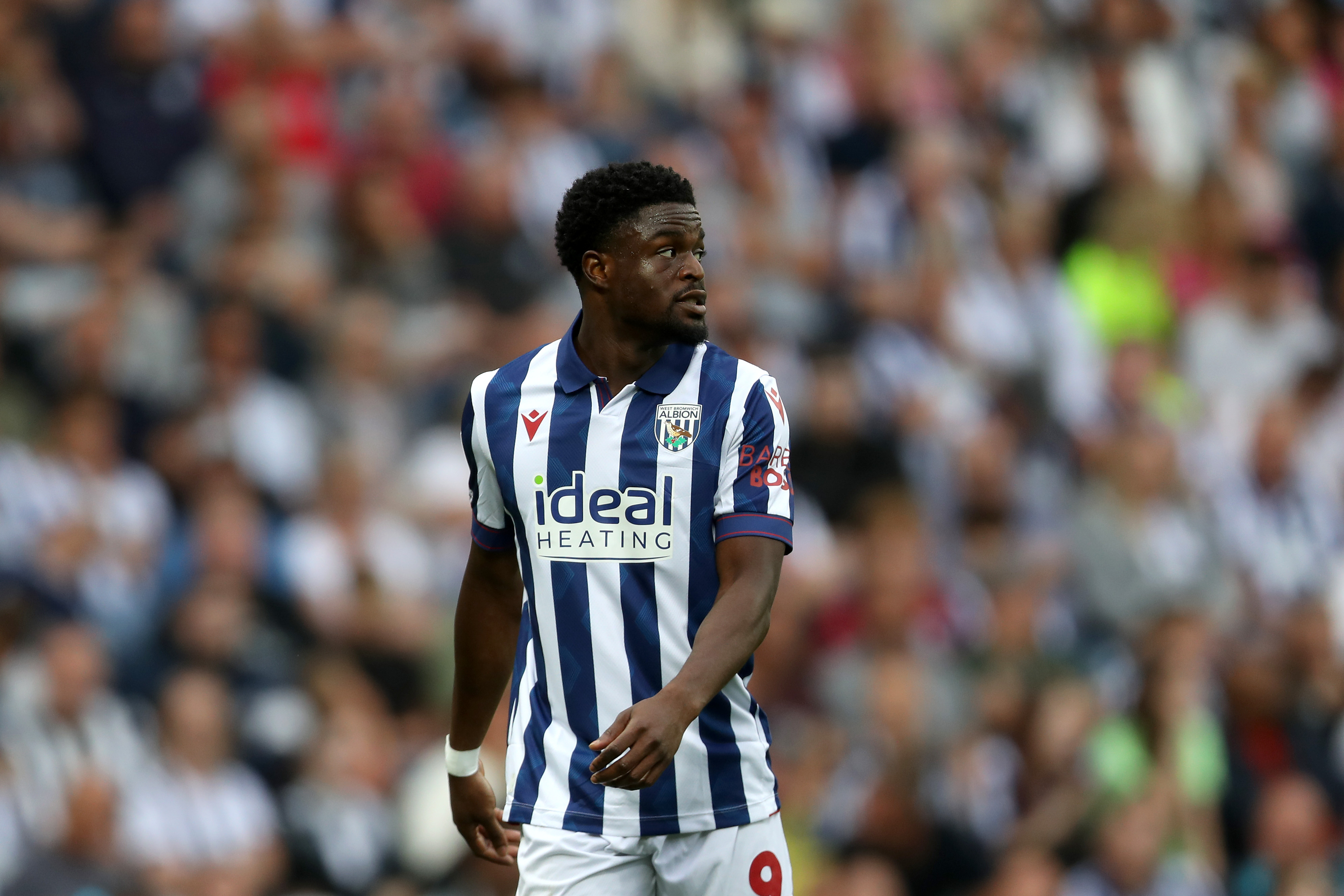 Josh Maja in action for Albion at The Hawthorns wearing a home shirt 