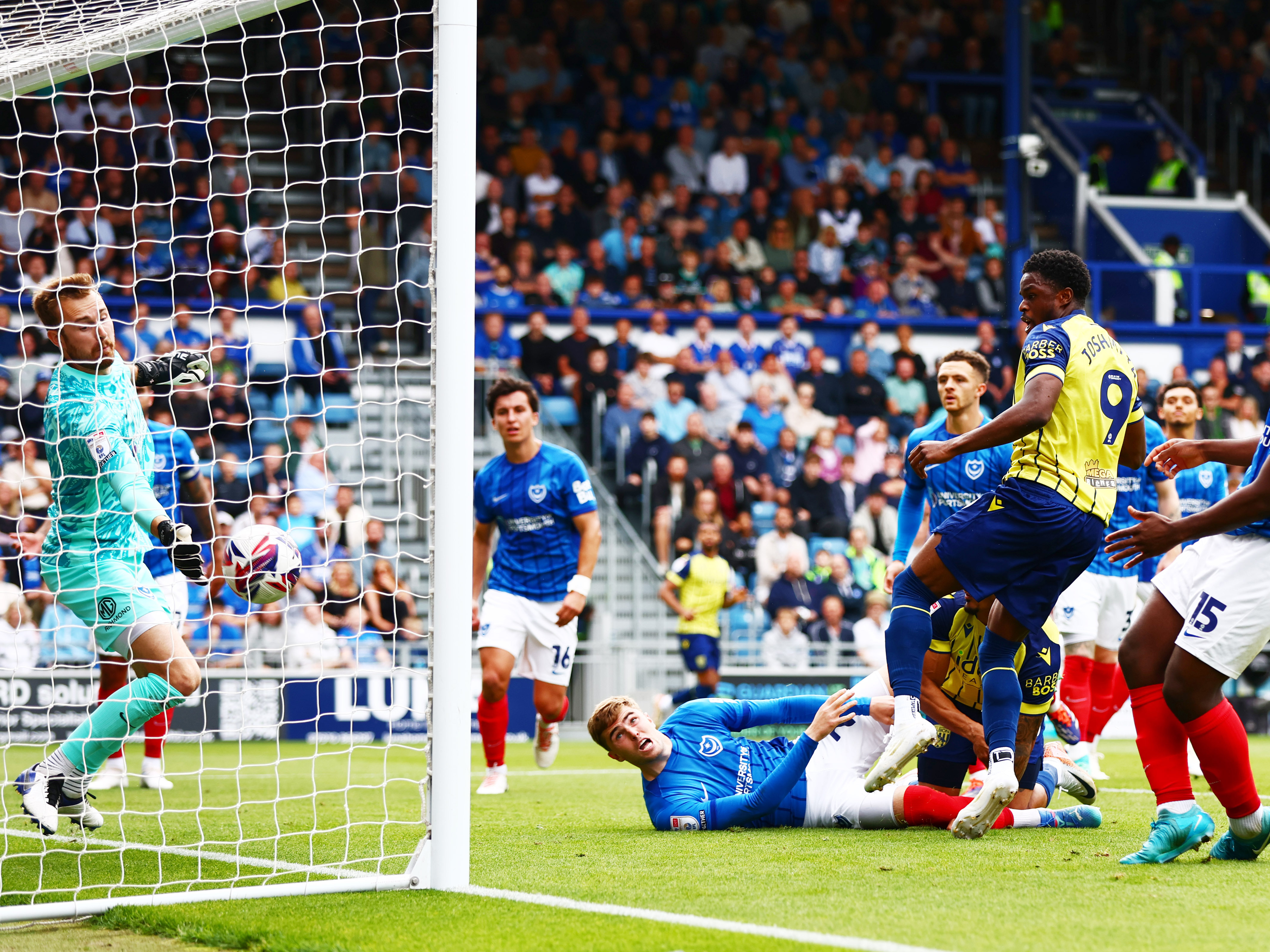 An image of Josh Maja's header being saved against Portsmouth