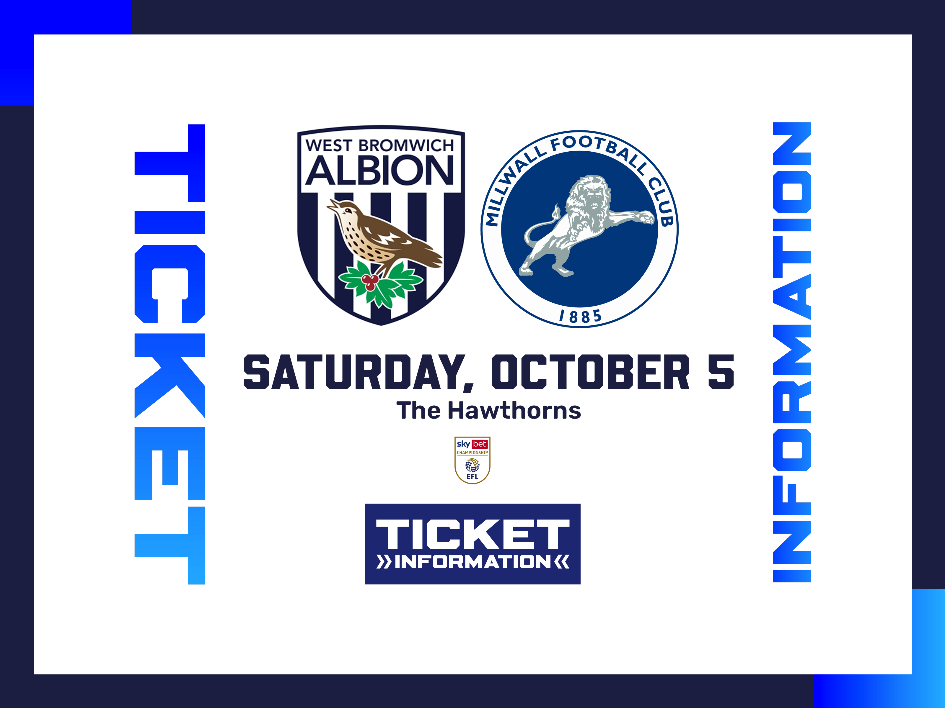 A ticket graphic displaying information for Albion's game against Millwall