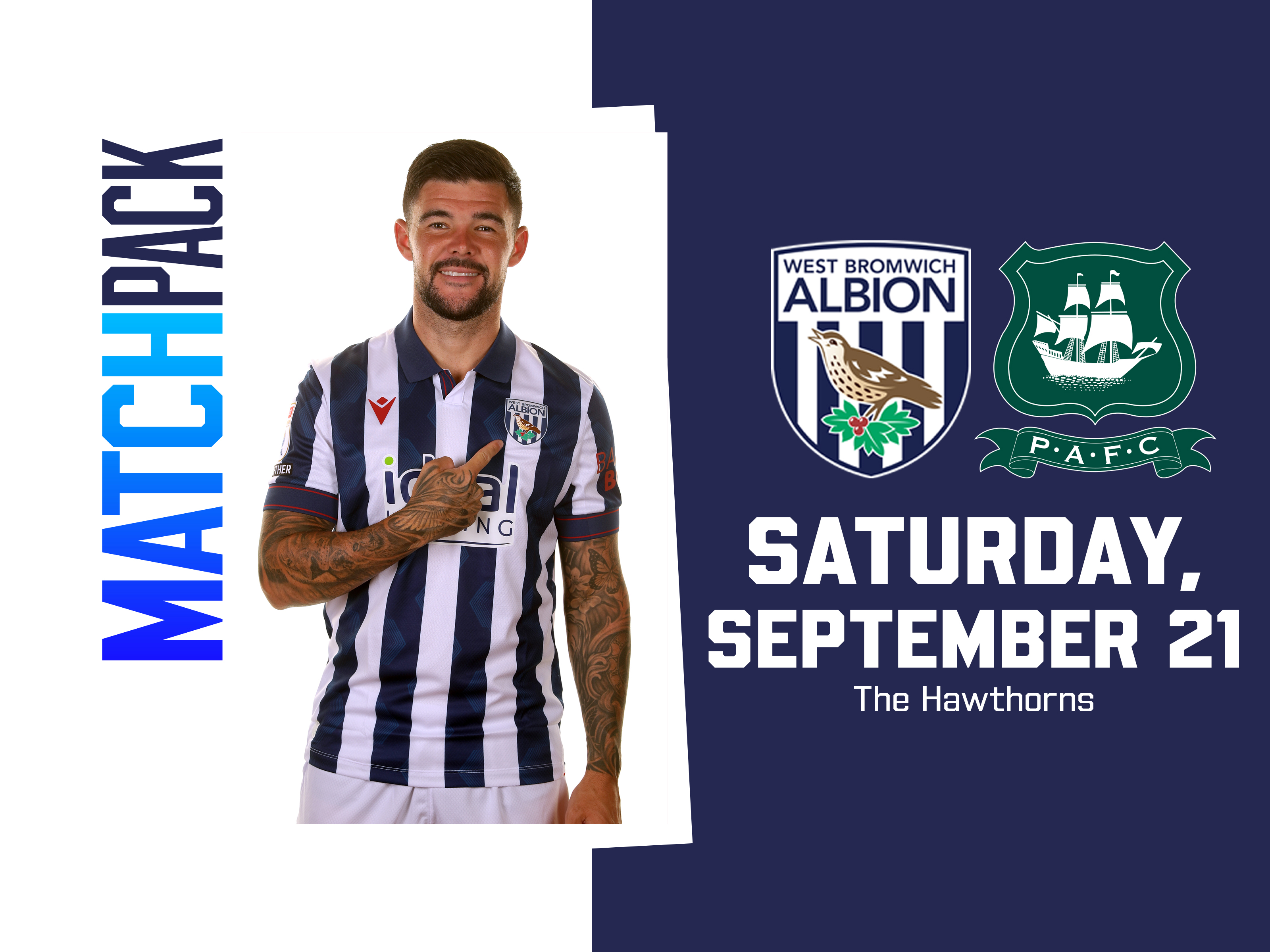 Albion v Plymouth match pack home graphic with both club badges on and an image of Alex Mowatt smiling at the camera wearing a home shirt pointing to the badge 