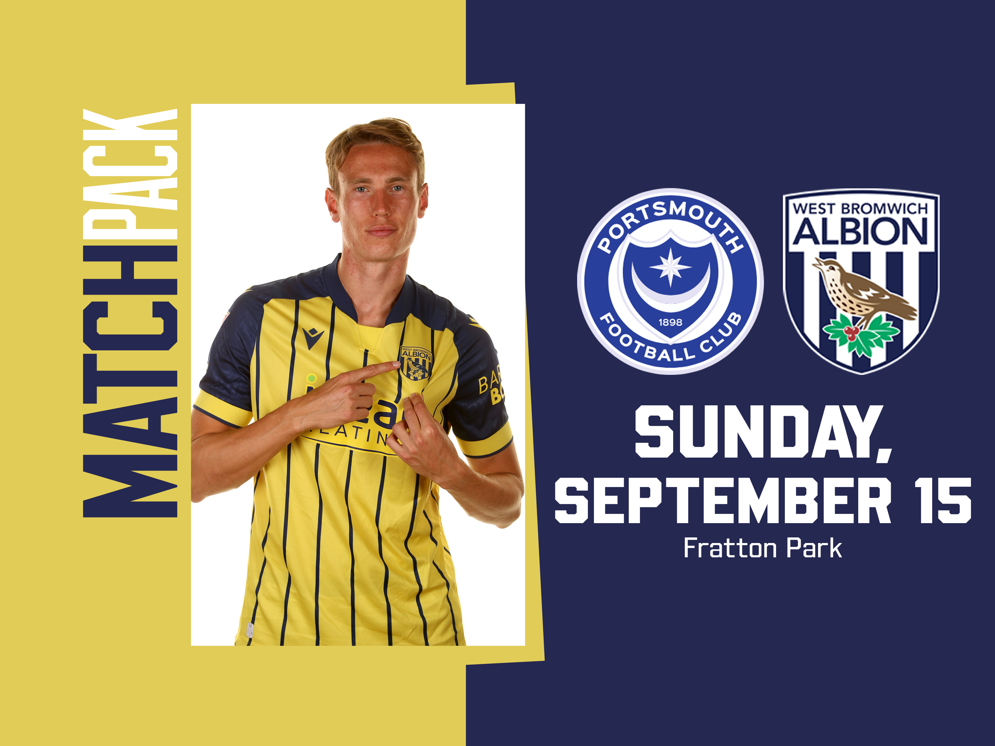 The yellow away match pack with Portsmouth and Albion badges on it and a picture of Torbjørn Heggem in the yellow away kit looking at the camera and pointing at the badge