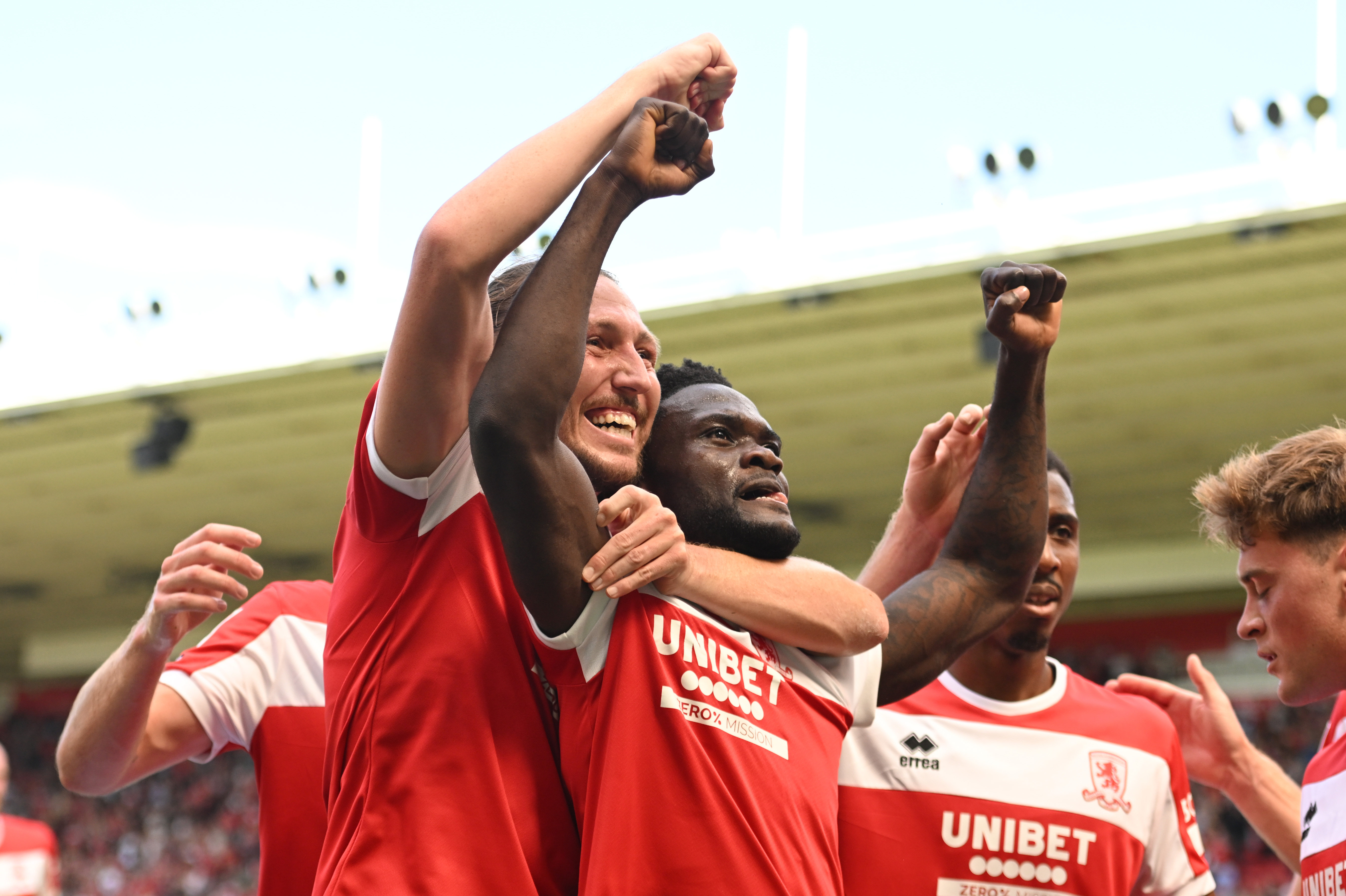 Emmanuel Latte Lath of Middlesbrough celebrates with Luke Ayling after scoring a goal