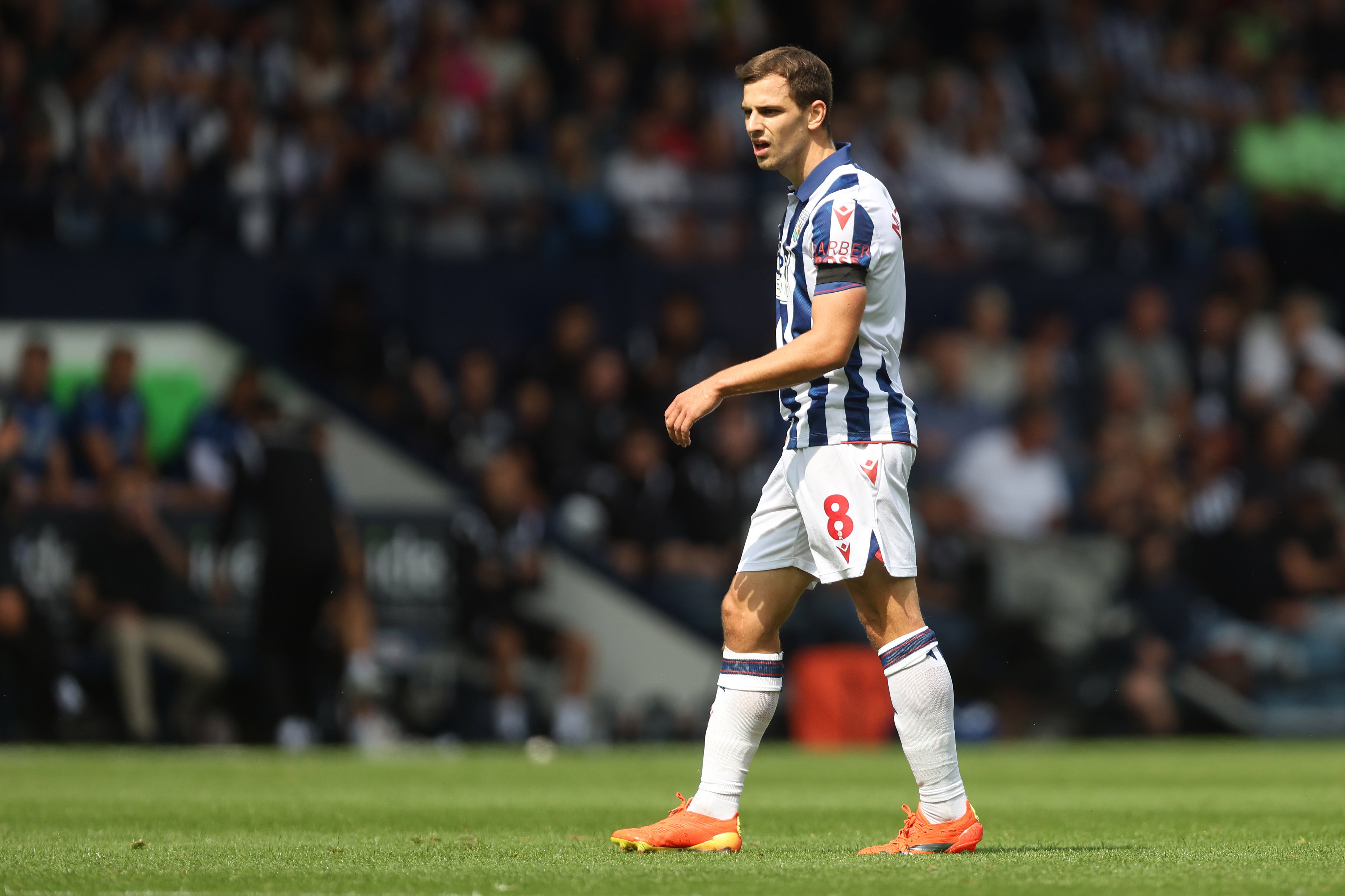 Jayson Molumby in action for Albion at The Hawthorns in the home shirt 