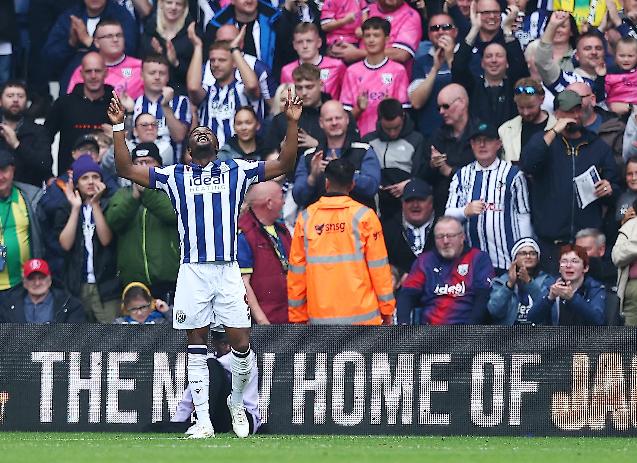 Josh Maja celebrates scoring against Plymouth at The Hawthorns